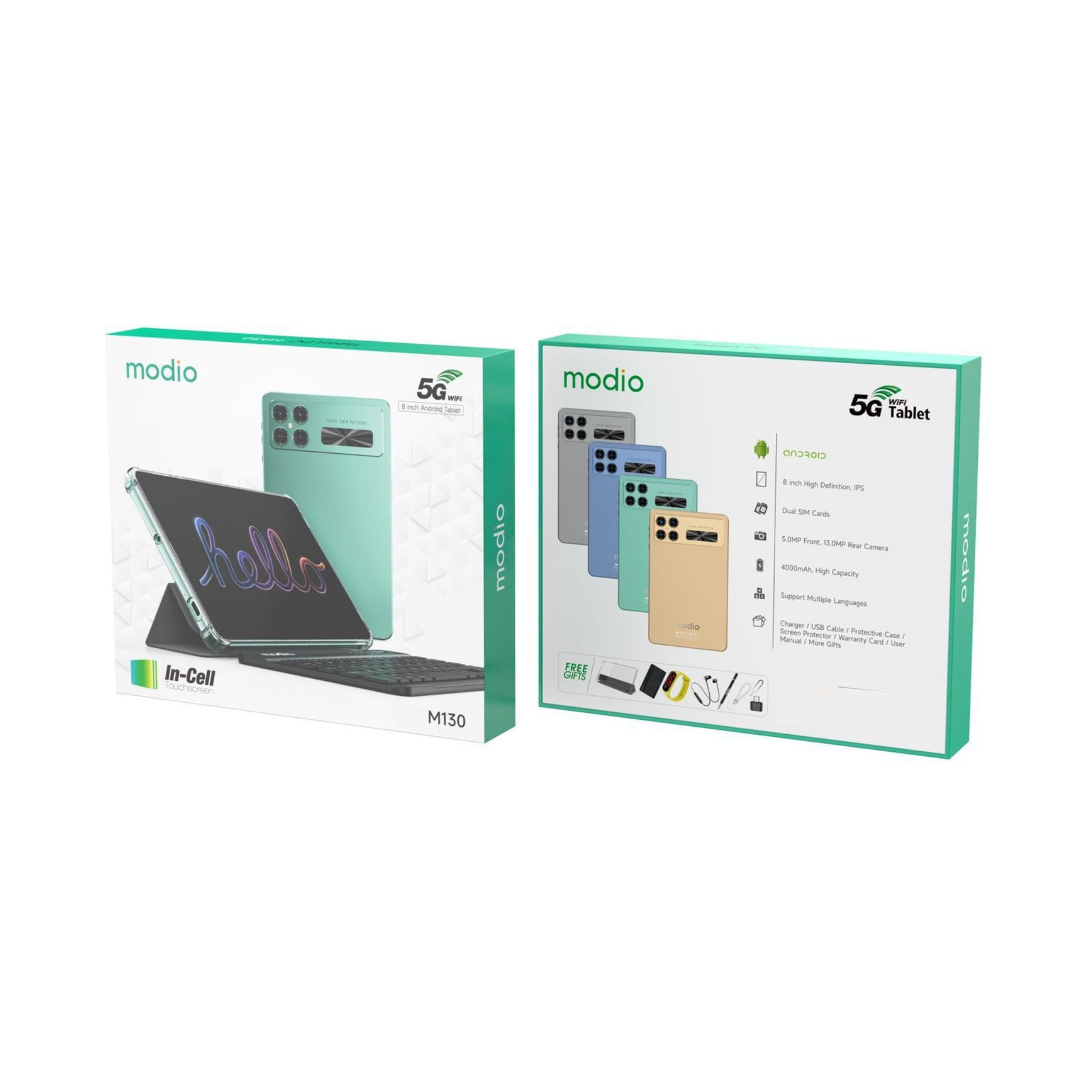 Modio M130 5G WiFi 8" HD IPS Android Tablet PC (In-Cell Touchscreen), 4000mAh Battery, 8GB RAM + 512GB Storage, Free Gifts – Grey