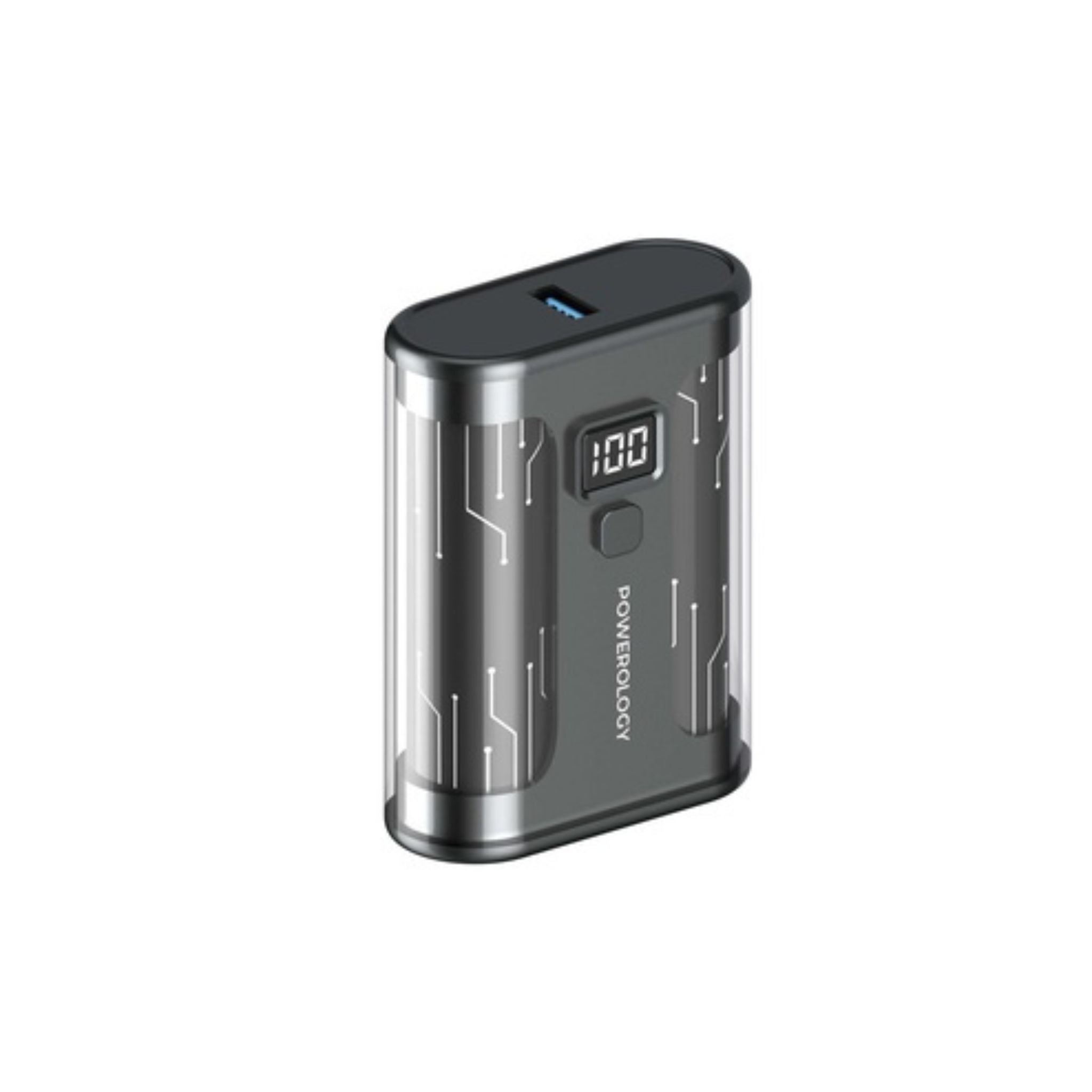 Powerology Crystalline Series Power Bank 10000mAh, 35W PD, Digital Display, USB C & USB-A Outputs, 35W USB-C Input, 35W PD USB-C Output, 18W QC USB-A Output, 22.5W SCP, Portable, Transparent Design - Black