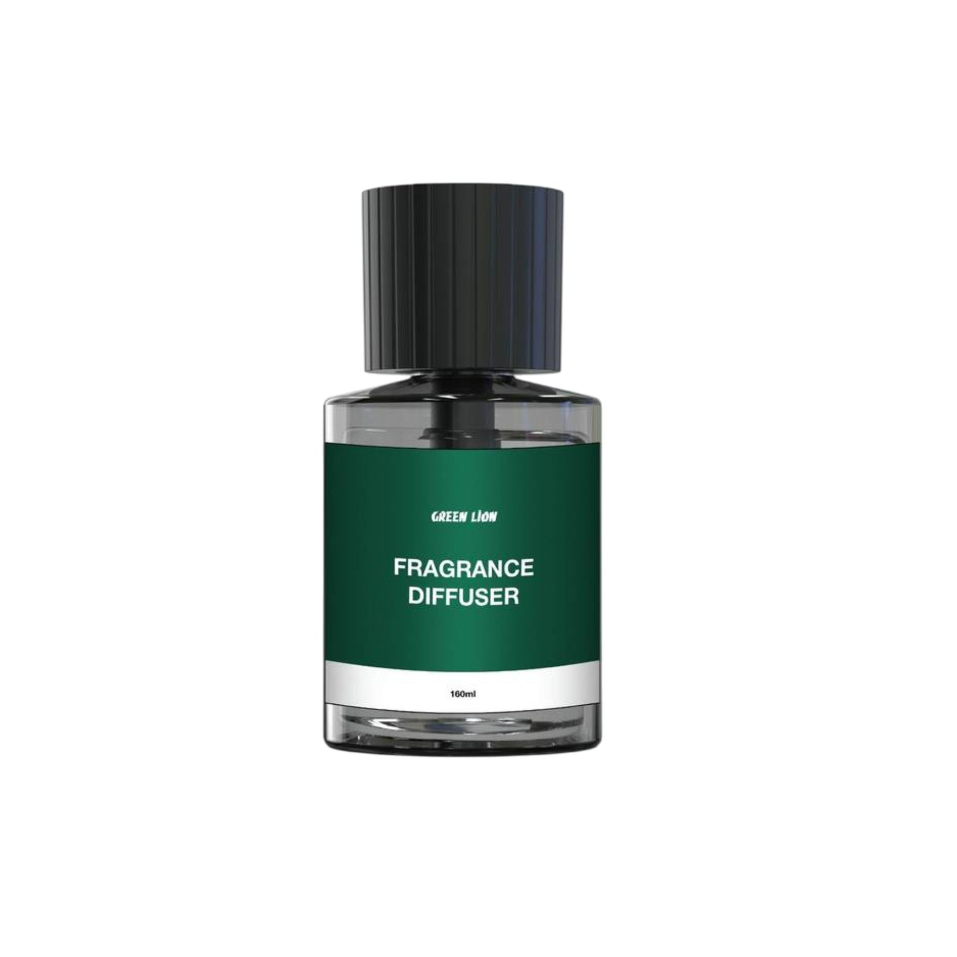 An elegant Green Lion fragrance diffuser in a black and green glass bottle with a black cap, labeled 'FRAGRANCE DIFUSER'.