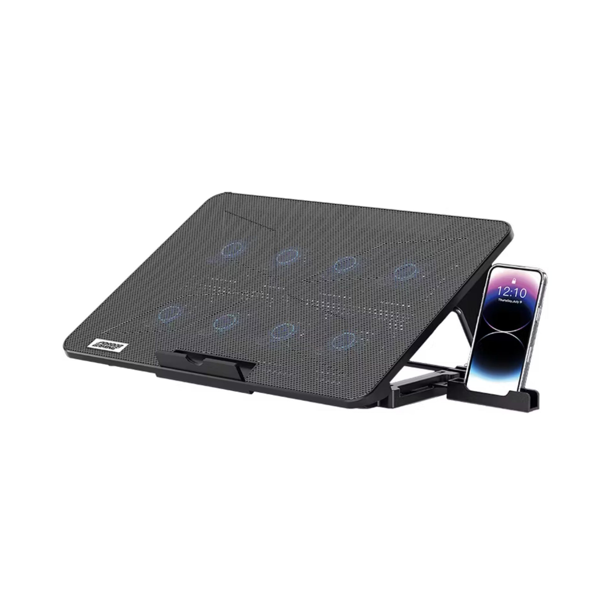 Black laptop cooling pad with multiple cooling fans and a smartphone on a white background