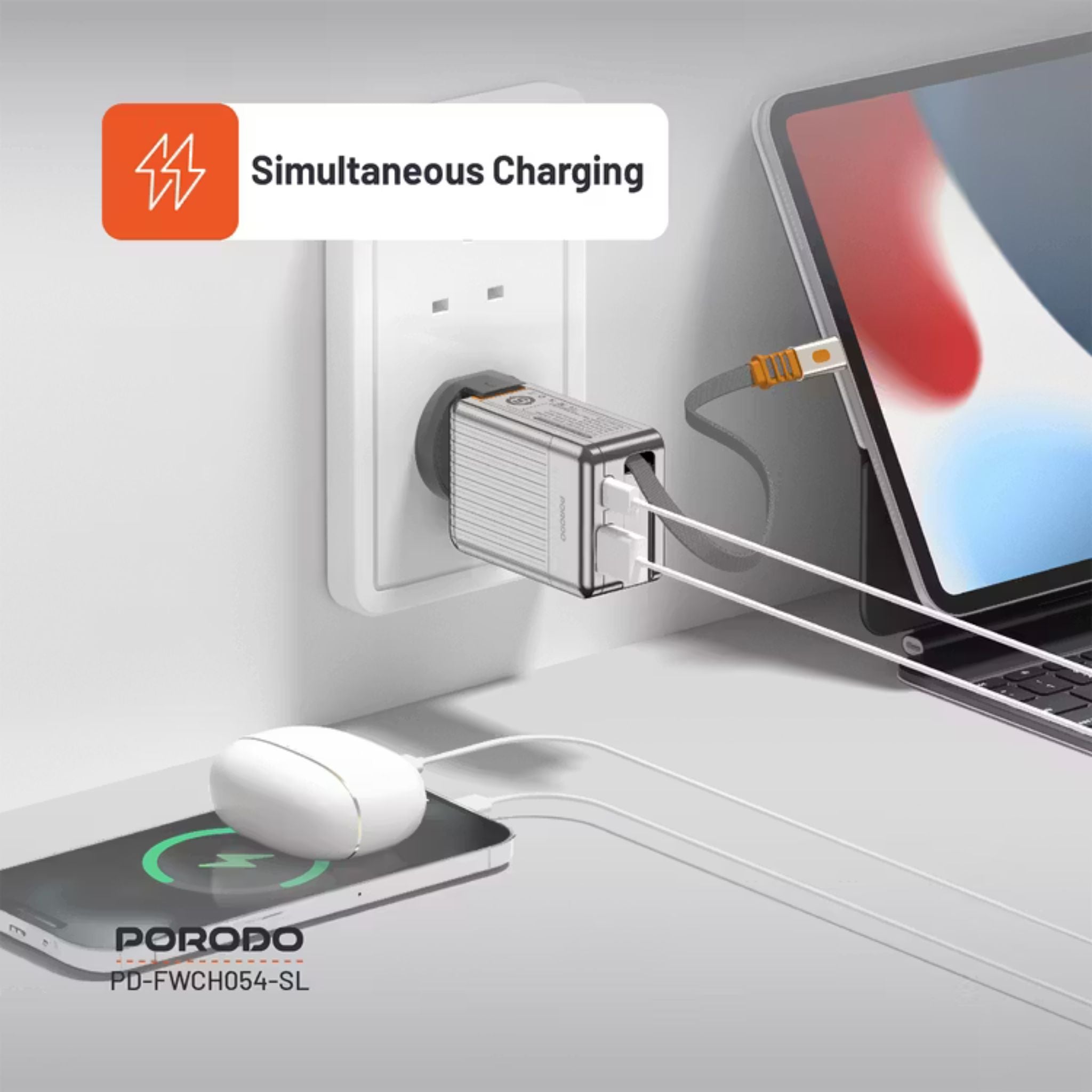 Porodo Super Quick GaN Charger with 75cm Retractable Type-C Cable, 42W Power Delivery, Simultaneous Charging, 22.5W USB-A Output, Built-in Safeguards - Silver