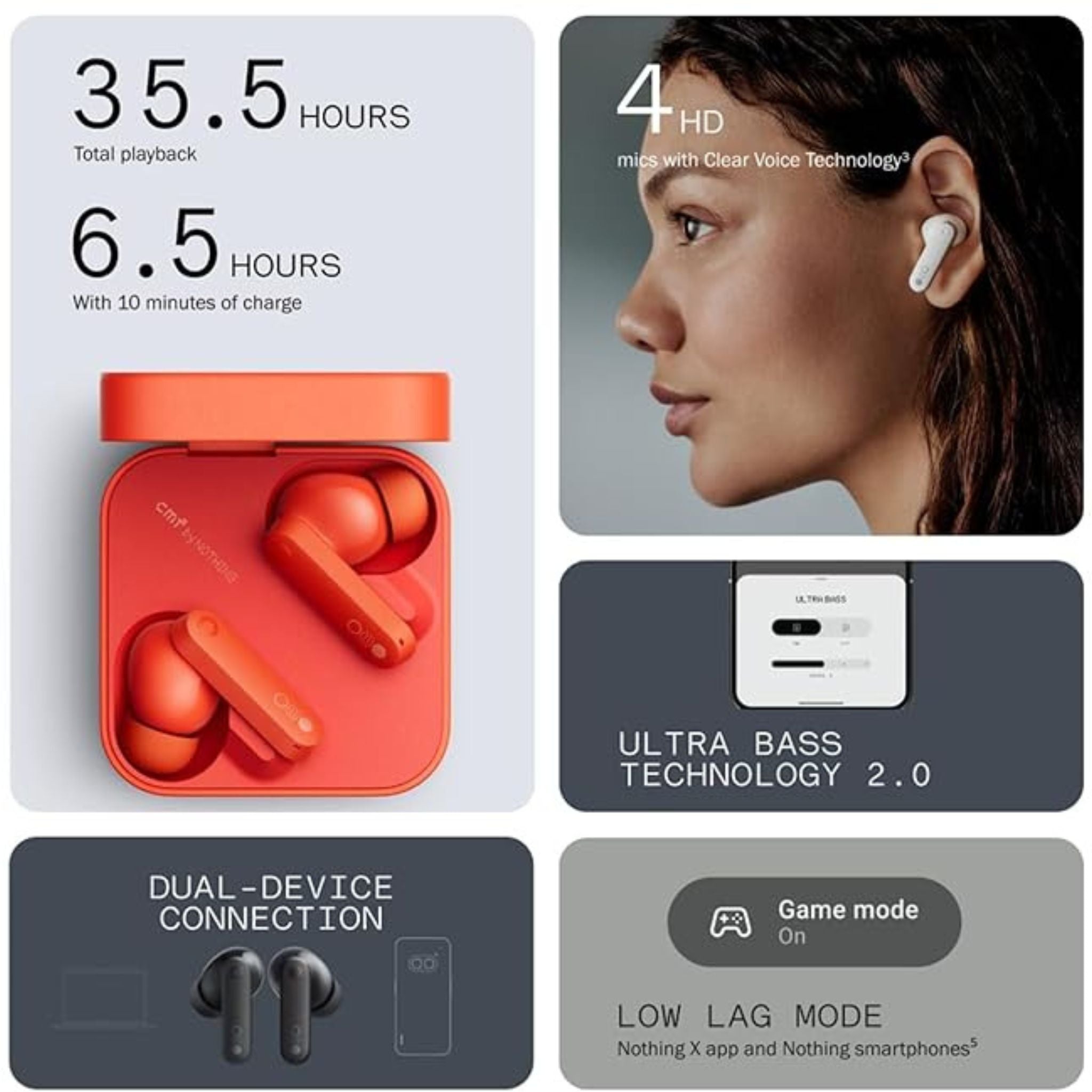 CMF BY NOTHING Buds Wireless Earbuds,42dB Active Noise Cancellation,35.5H Playtime IP54 Waterproof Earphones,Bluetooth 5.3 Dual-Device Connection in Ear Headphones for iPhone & Android-Orange