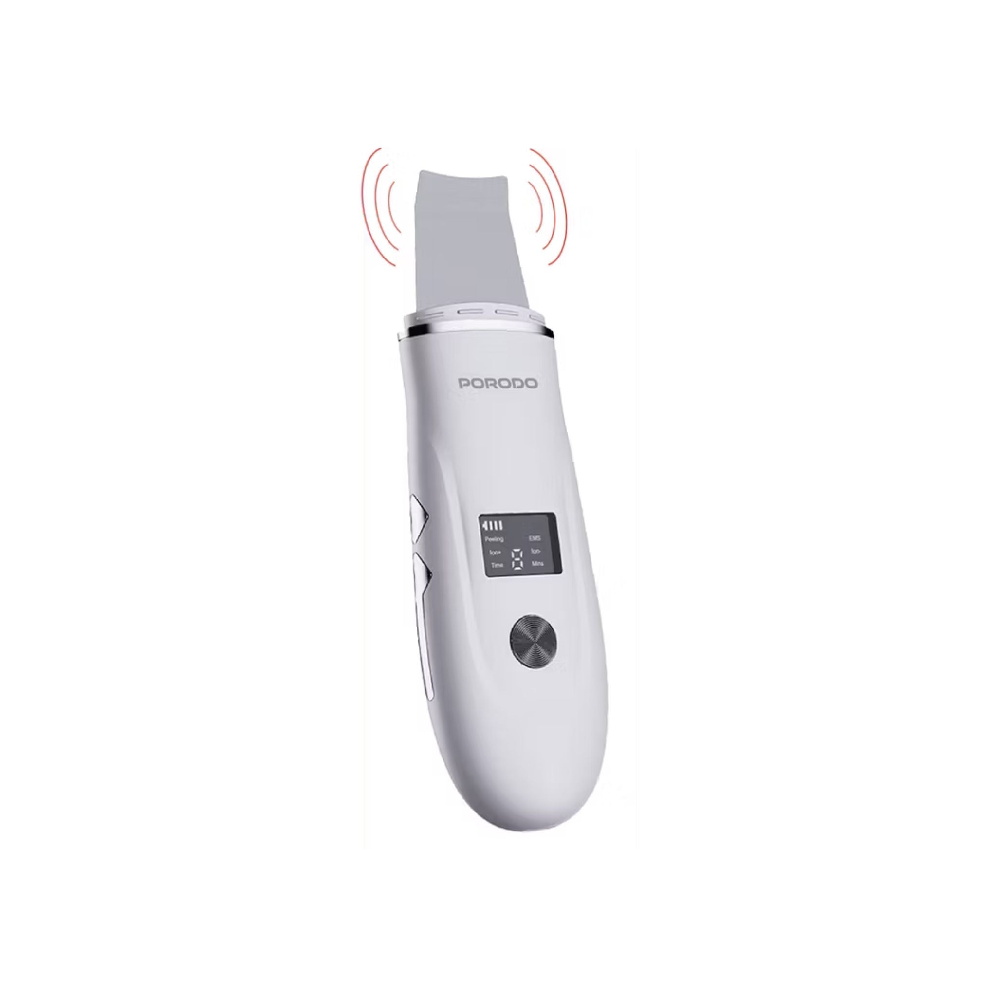 Porodo Lifestyle Ultrasonic Face Scrub & Peeler with LED Display, USB-C Charging, Cleanse, Exfoliate & Revitalize, Easy to Use, 150 Minutes Charging Time - White
