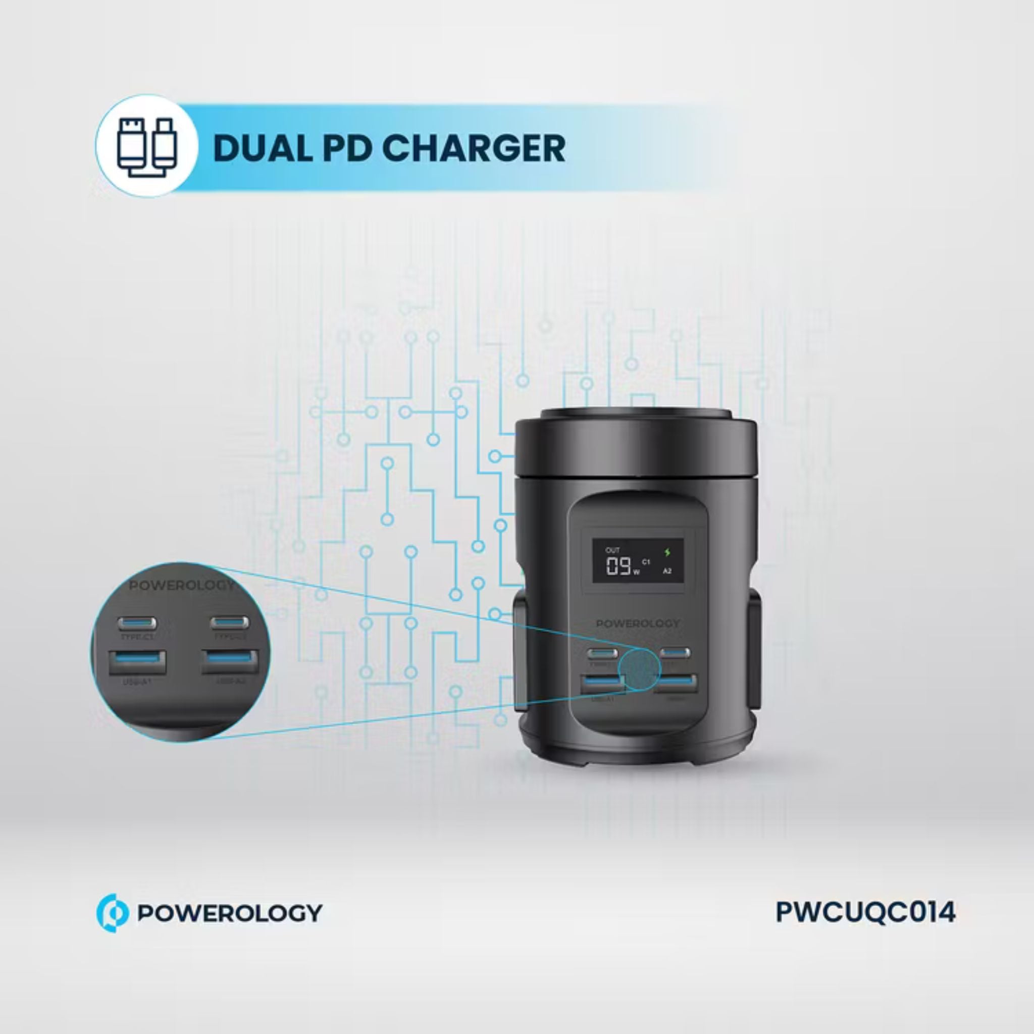 Powerology Magsafe Power Hub with UK Plug, PD 65W, USB-A QC 3.0, Built-in Safeguards, 15W Wireless Charging, 2200W Rated Power - Black