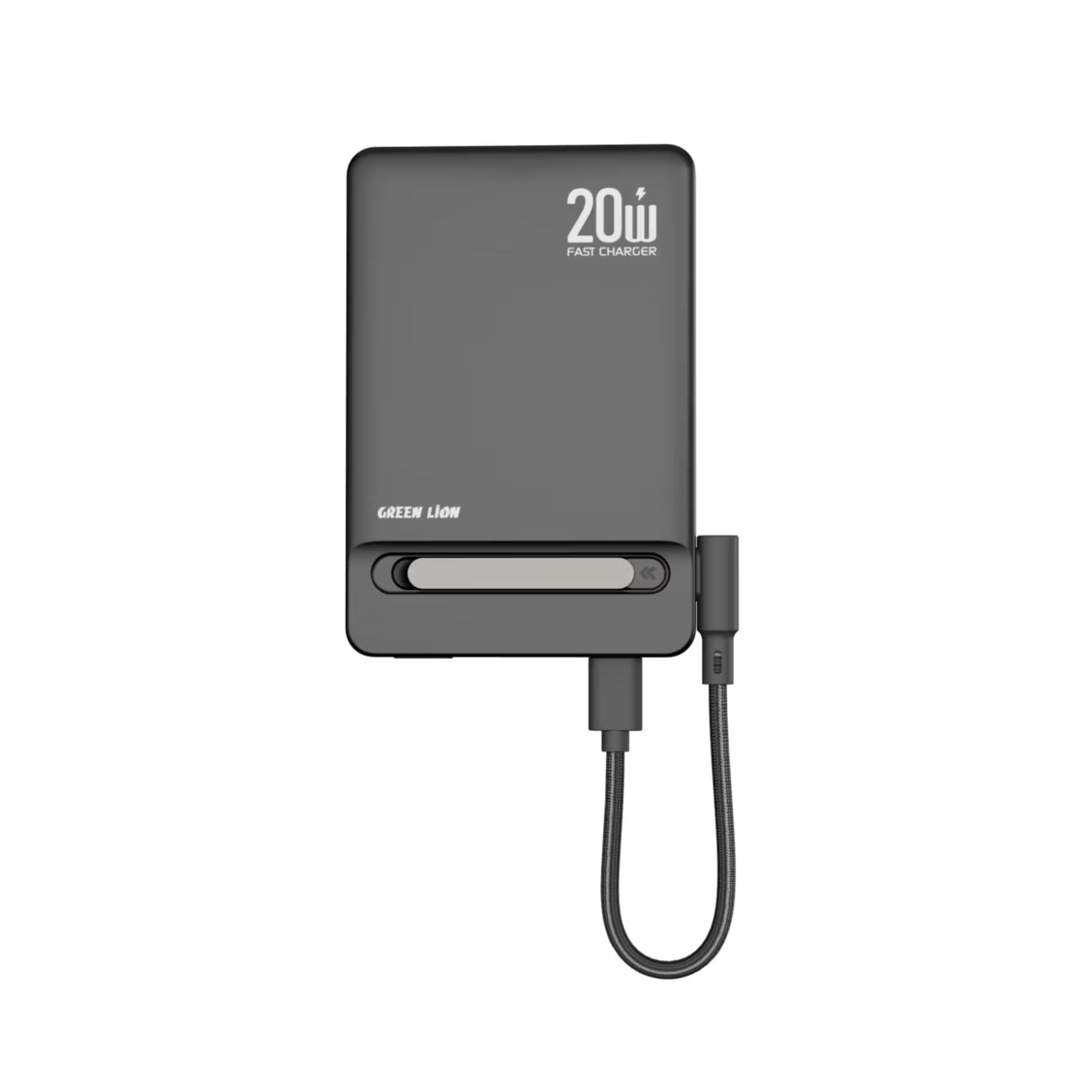 Green Lion Bond 5000mAh Power Bank with Safety Protections, Durable Braided Cable, Strong Magnets, Detachable Type-C Cable, Built-in Stand, MagSafe Compatibility, Ultra-Slim Design - Black