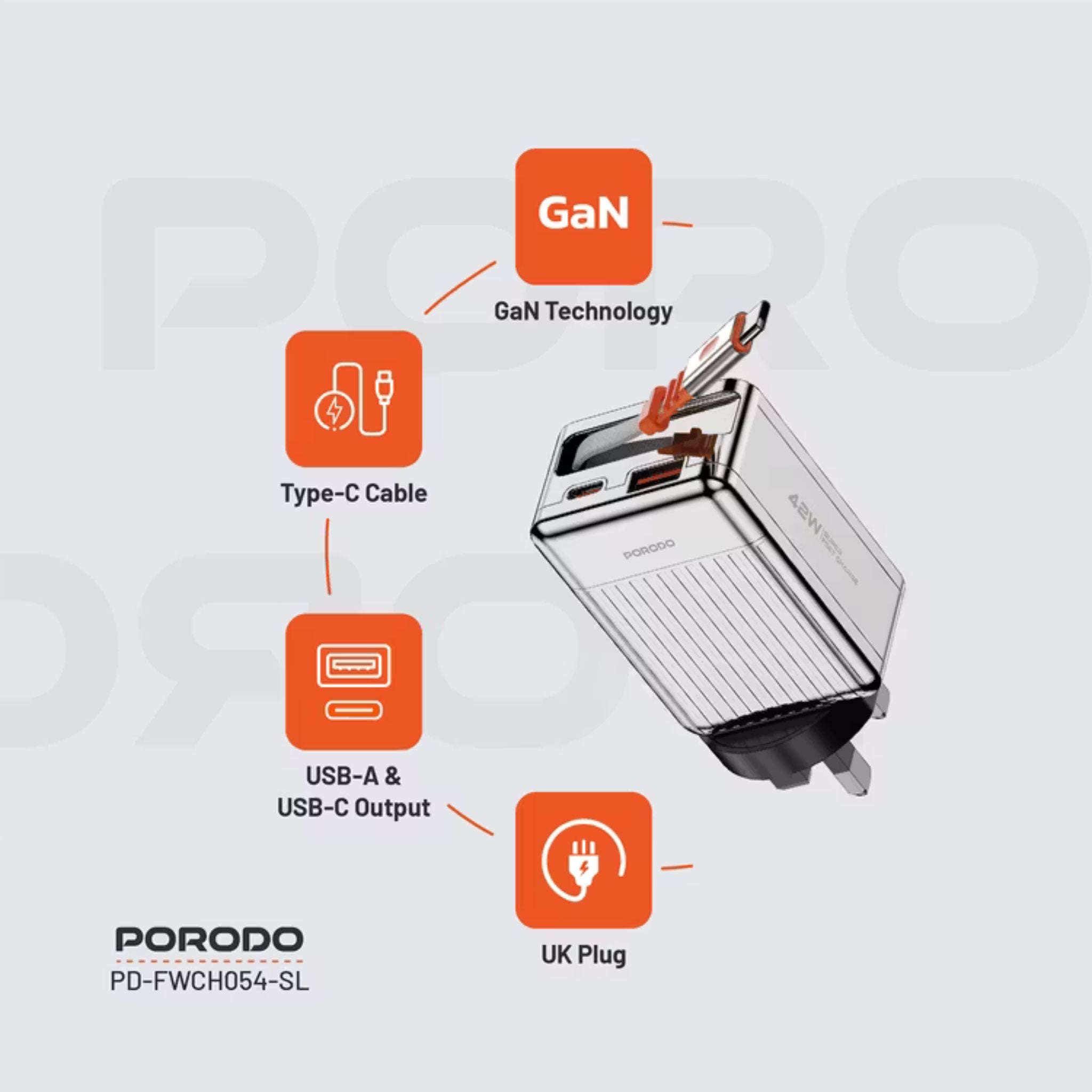 Porodo Super Quick GaN Charger with 75cm Retractable Type-C Cable, 42W Power Delivery, Simultaneous Charging, 22.5W USB-A Output, Built-in Safeguards - Silver