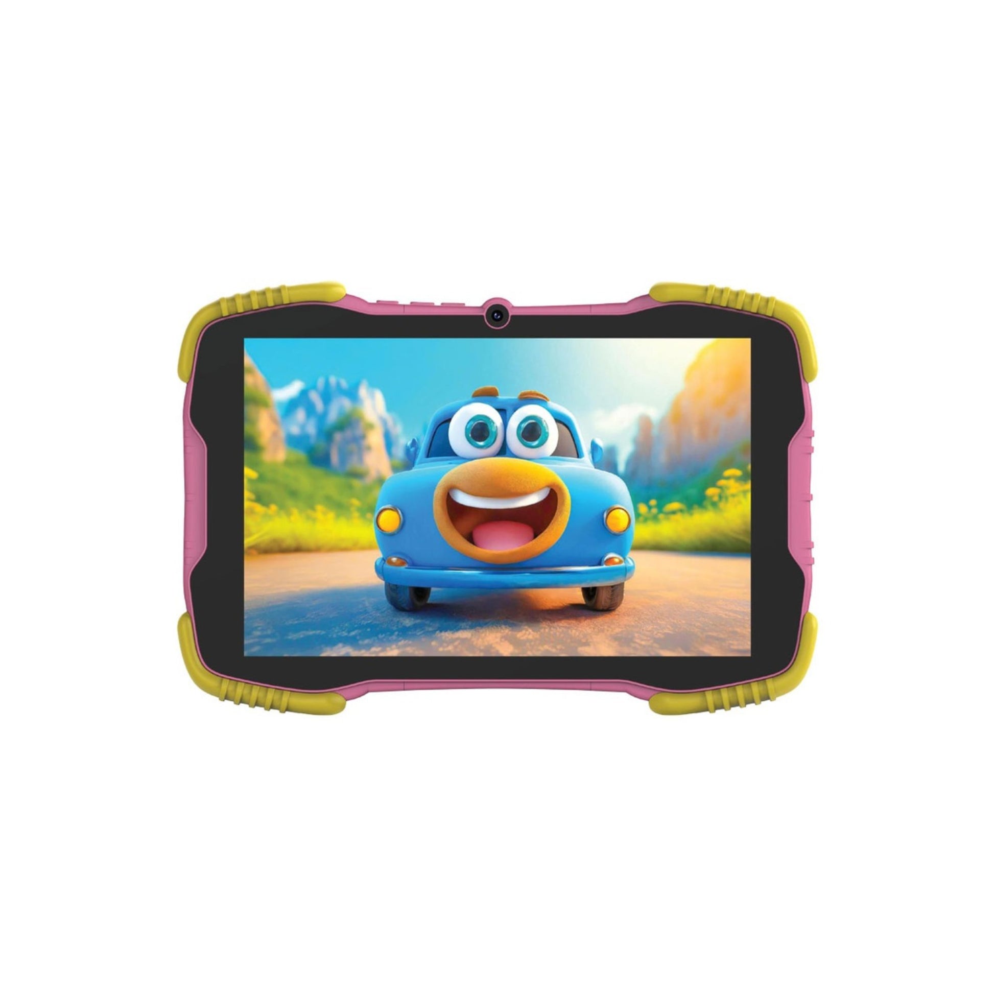 Kids' tablet with a colorful case, featuring a cartoon on the screen, with a pink color scheme.