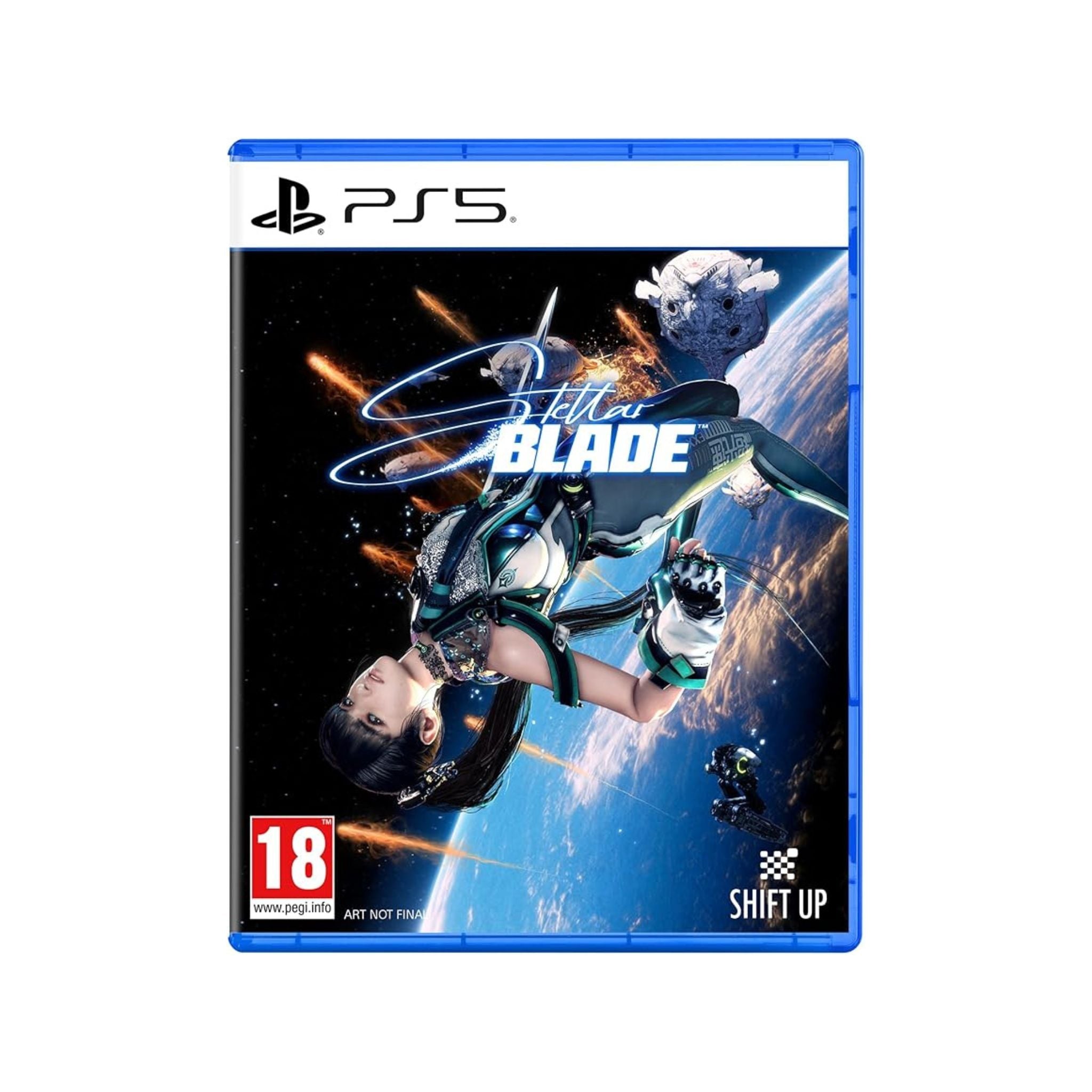 PlayStation 5 game disc for 'Stellar Blade' with a character on a space-themed background.