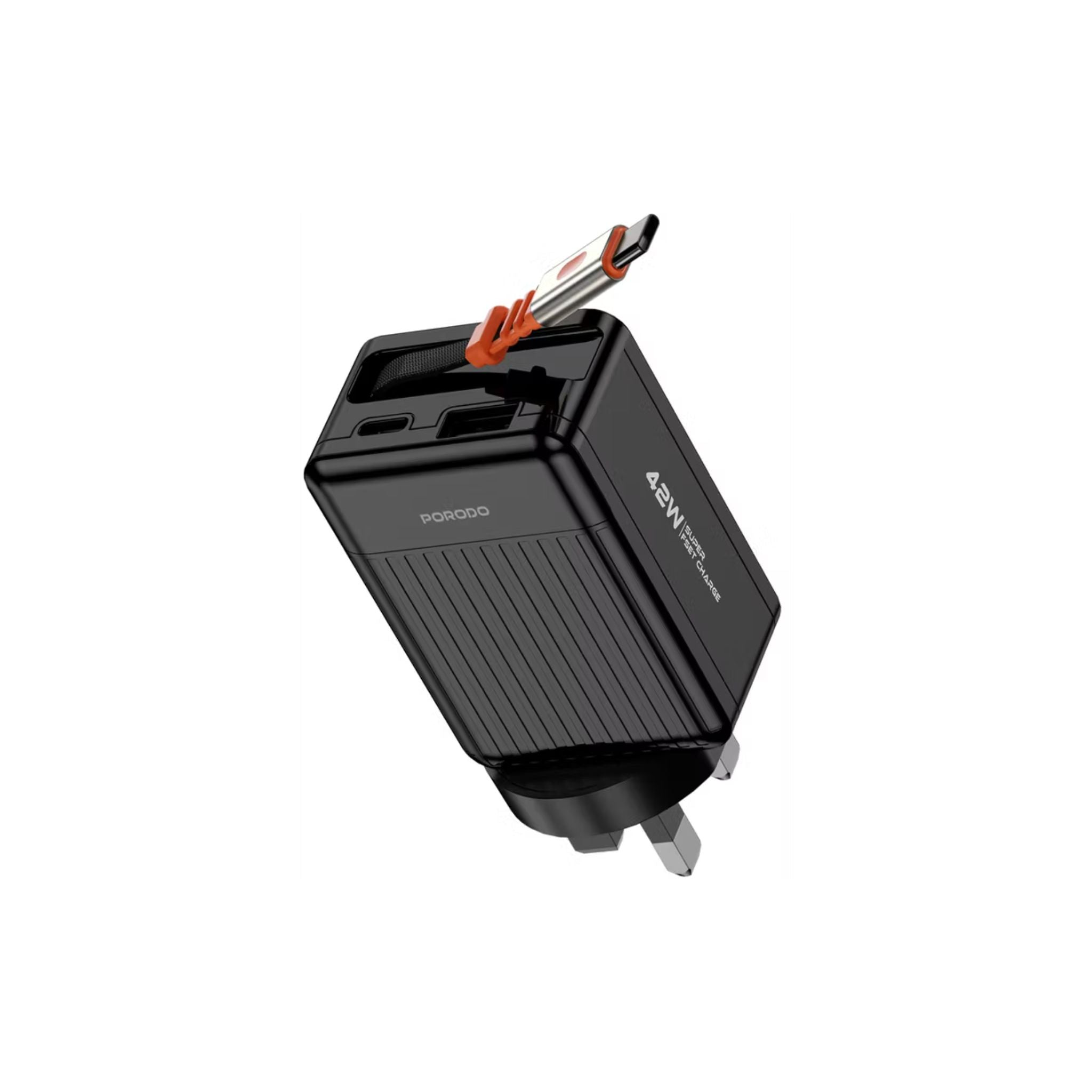 Black travel adapter with USB ports on a white background