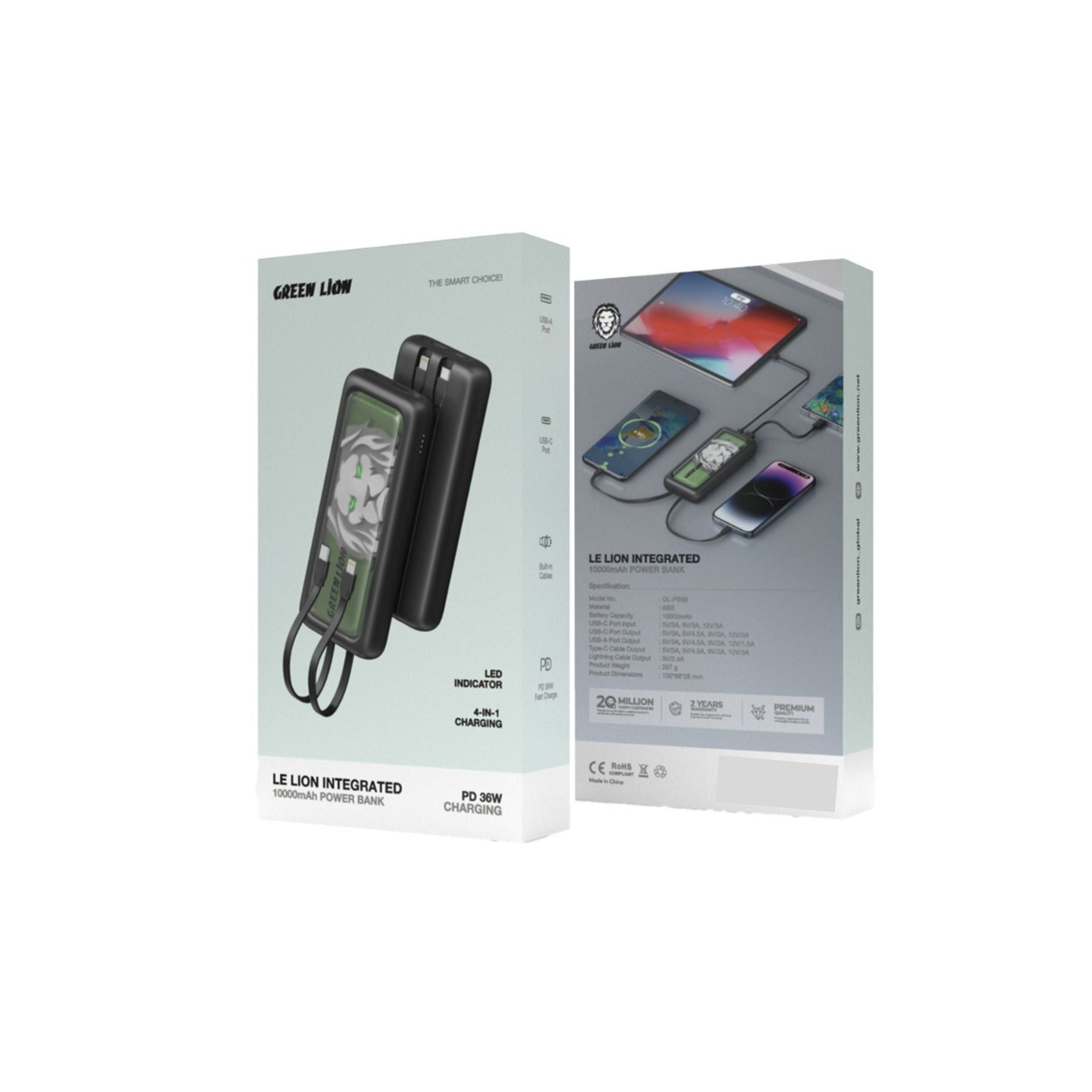 Green Lion Le Lion 10000mAh Power Bank with LED Indicator, PD 36W Fast Charge, UASB-A & USB-C Ports, Built-In Type-C & Lightning Head Cables, Multi-Device Charging, Compact & Lightweight - Black