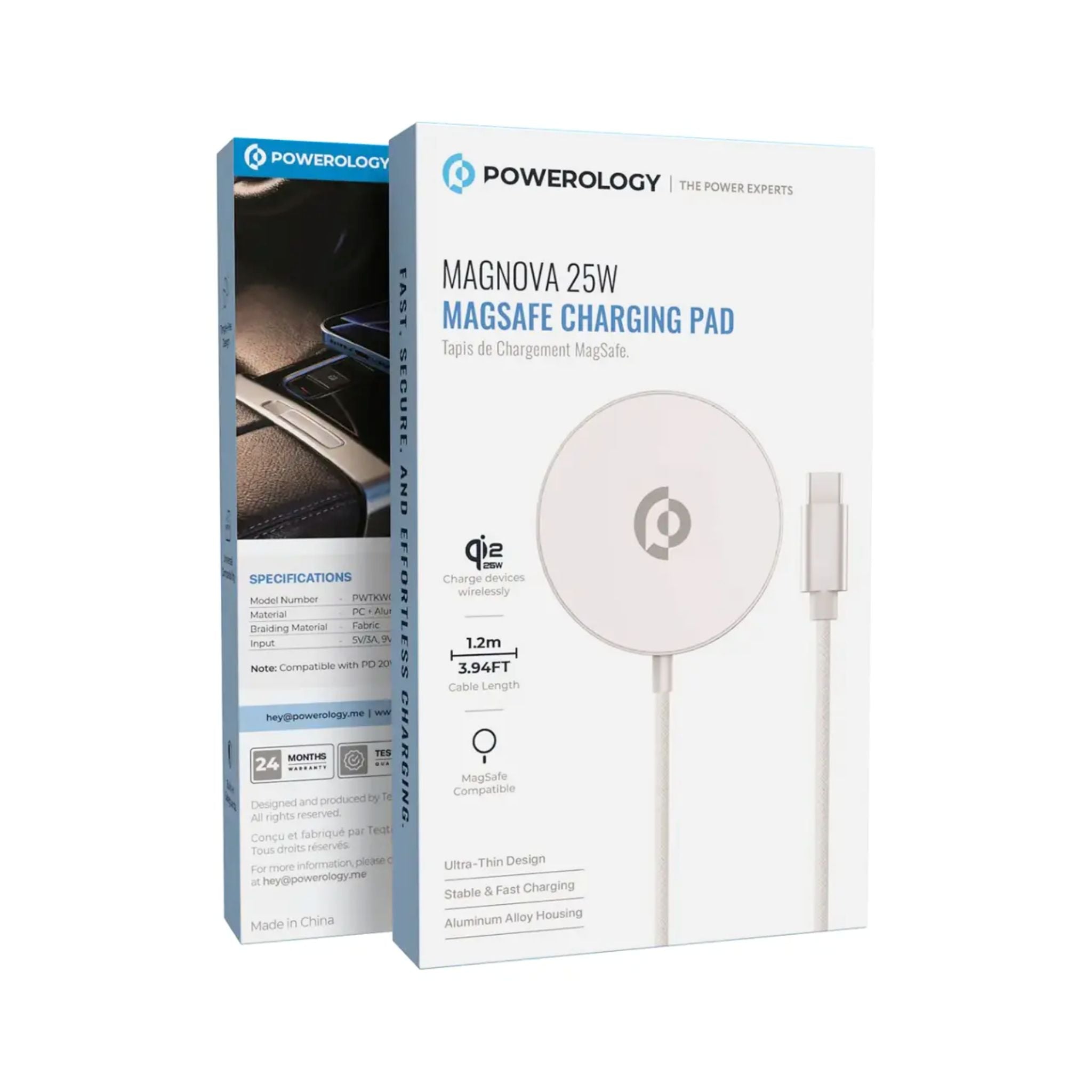 Powerology Magnova 25W MagSafe Charging Pad, PC & Aluminum Alloy Material, USB-C Input, 1.2m Cable Length, Universal Compatibility, Built-in Safeguards, Fast Charge, Tangle-Free Design - Silver