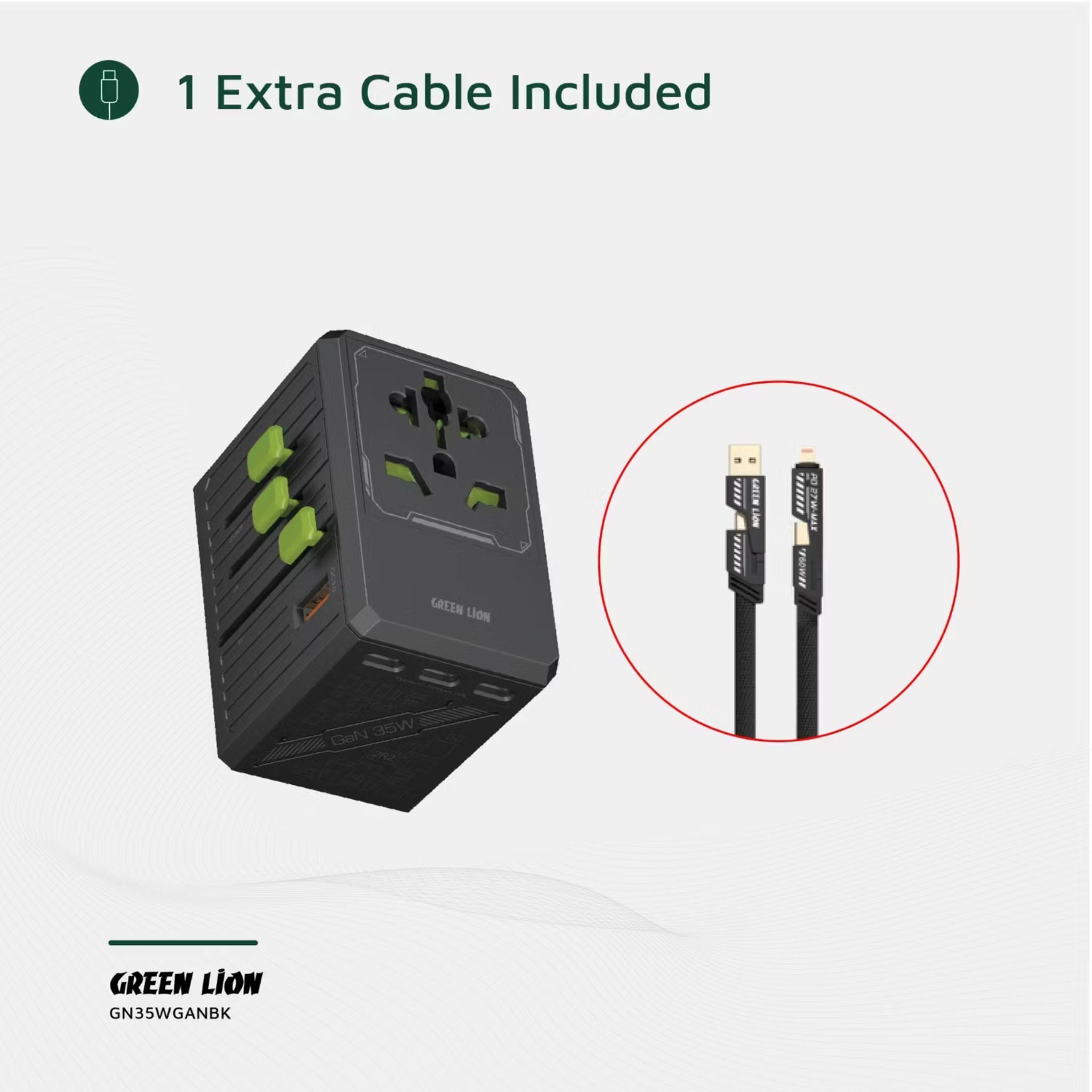 Green Lion GaN Adapter 6-in-1 & 2-in-2 Cable, PC Flame Retardant & Copper Material, PD 35W Fast Charging, Universal AC Sockets - Black