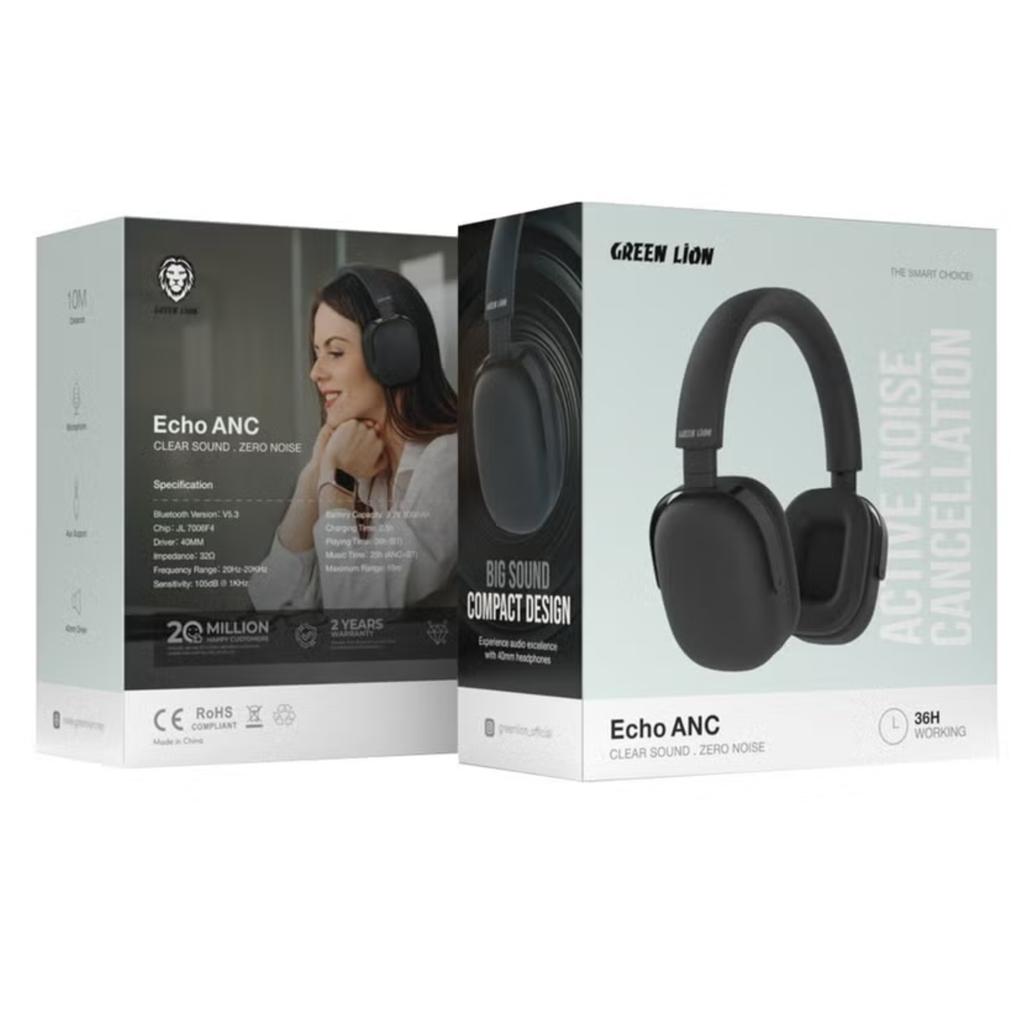 Green Lion ECO ANC Zero Noise Headphones, 300mAh Battery, 2.5 Hours of Charging Time, 40mm Driver, AUX Support, Input Microphone, Bluetooth Version 5.3, Clear Sound, Compact and Portable - Black