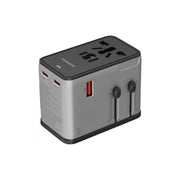 Travel adapter with multiple sockets on a white background