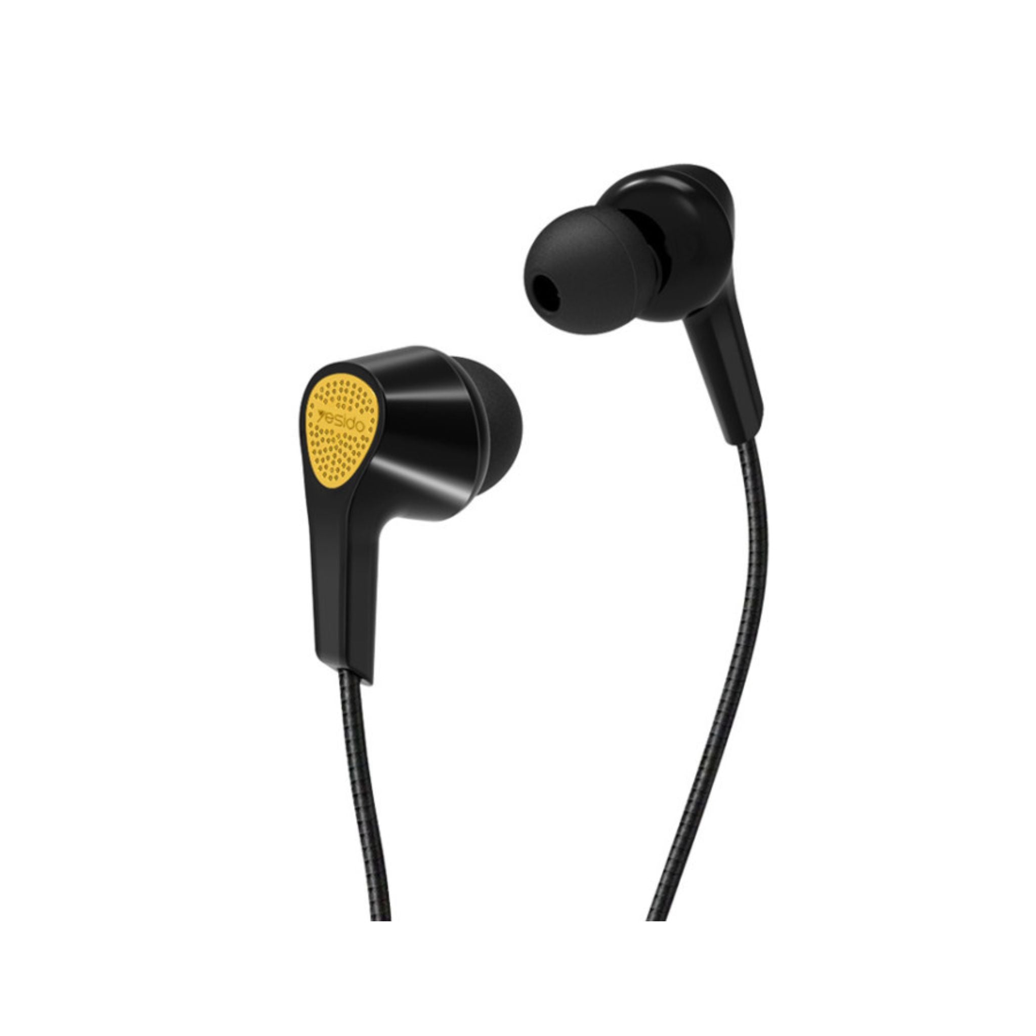 A pair of black in-ear headphones with a yellow accent on the earbuds, featuring a wired design and a 3.5mm plug.