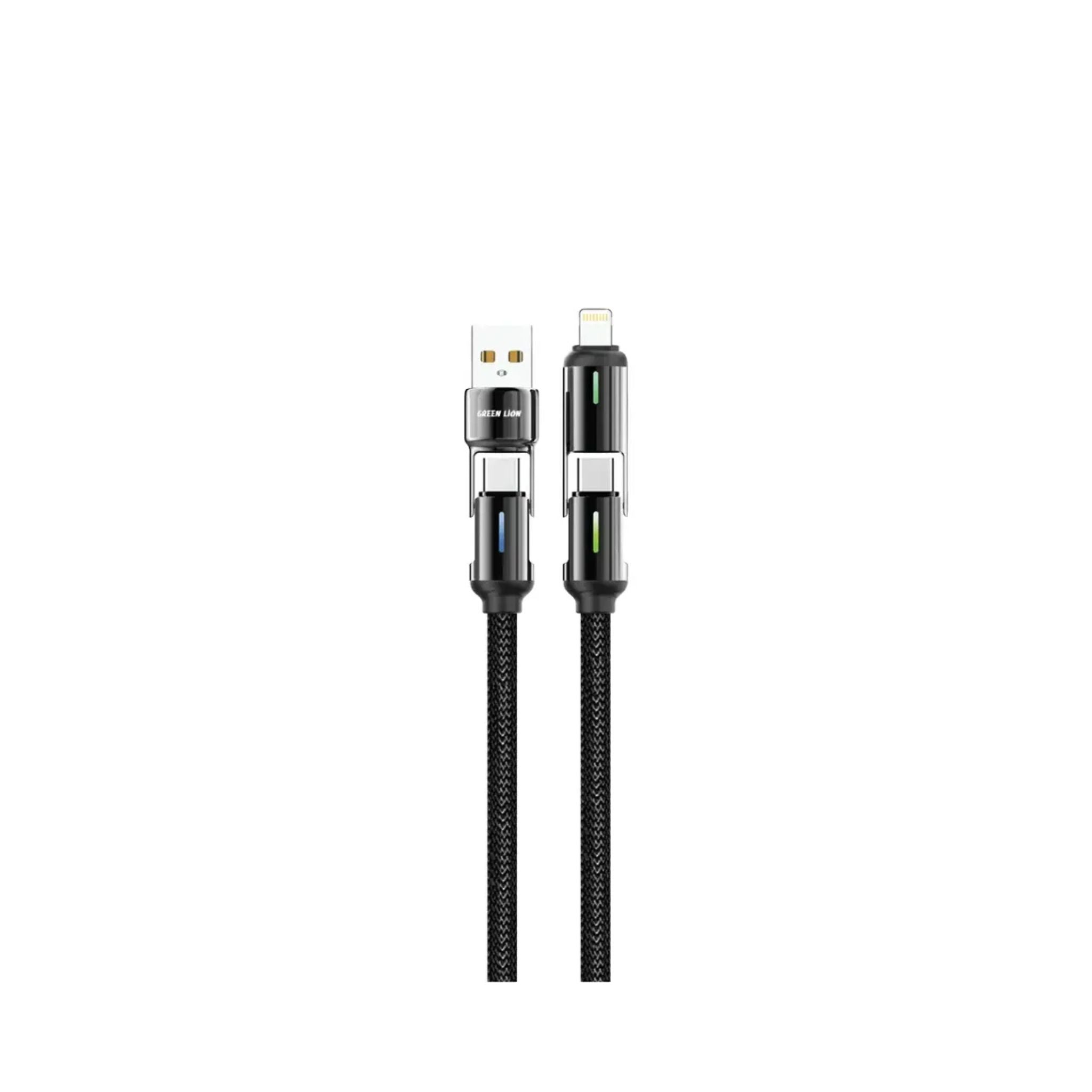 A black Green Lion 4-in-1 LED braided cable with multiple connectors, including USB-A to Lightning and USB-A to Type-C.