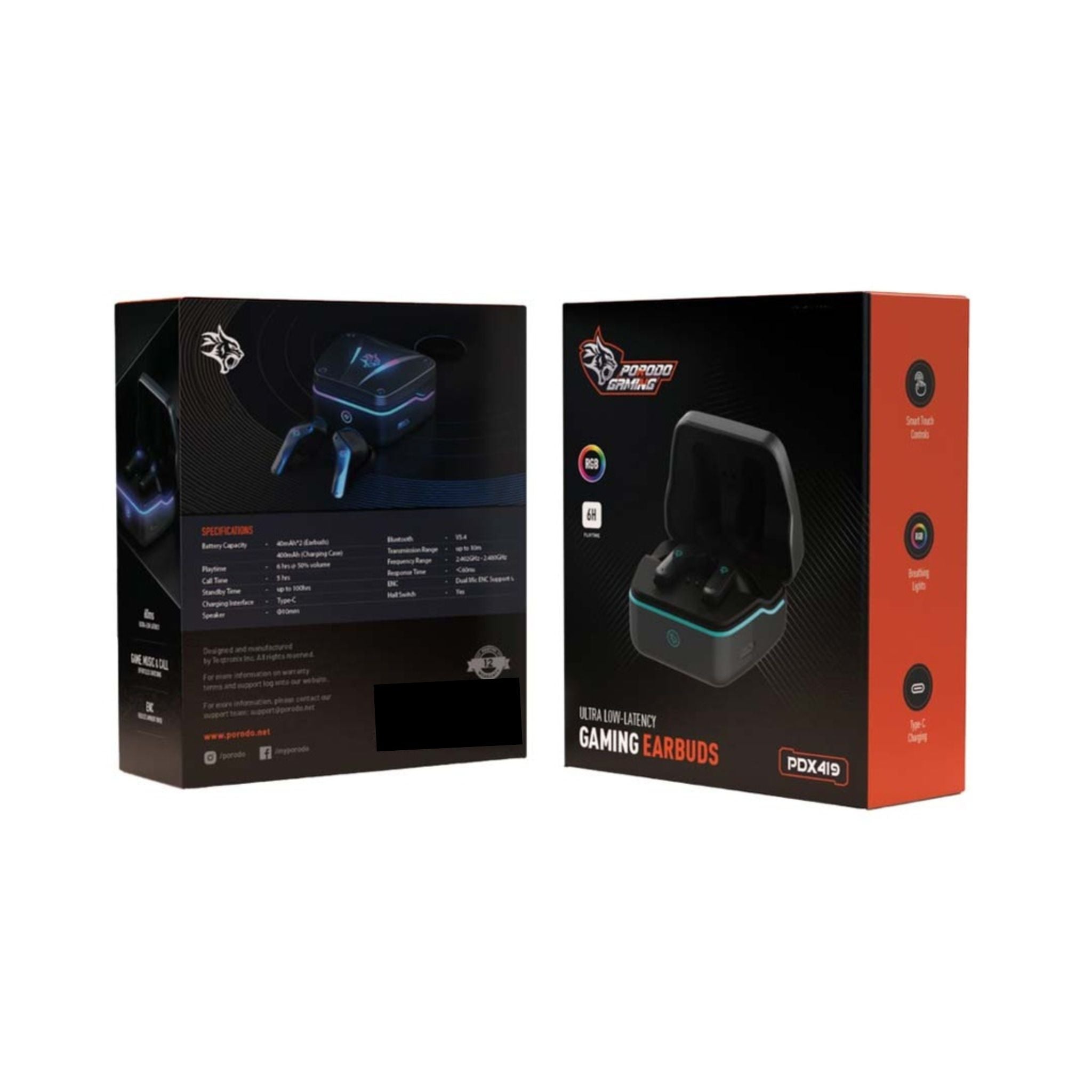 Porodo Gaming Ultra-Low Latency Earbuds with RGB Lights, Dual Mic ENC, Bluetooth 5.4, 6H Playtime, Type-C Charging – Black