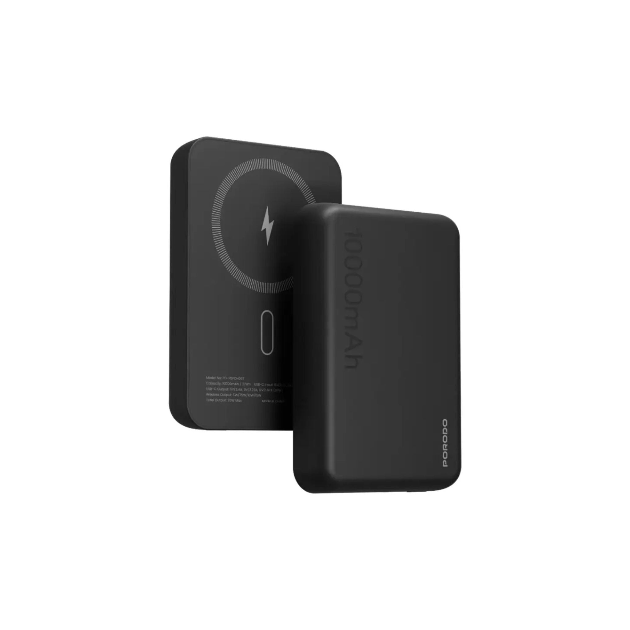 A black Porodo brand 15W wireless and 20W PD MagSafe power bank with a 10000mAh battery capacity, showing the front and back view with the MagSafe connection symbol and power indicators.