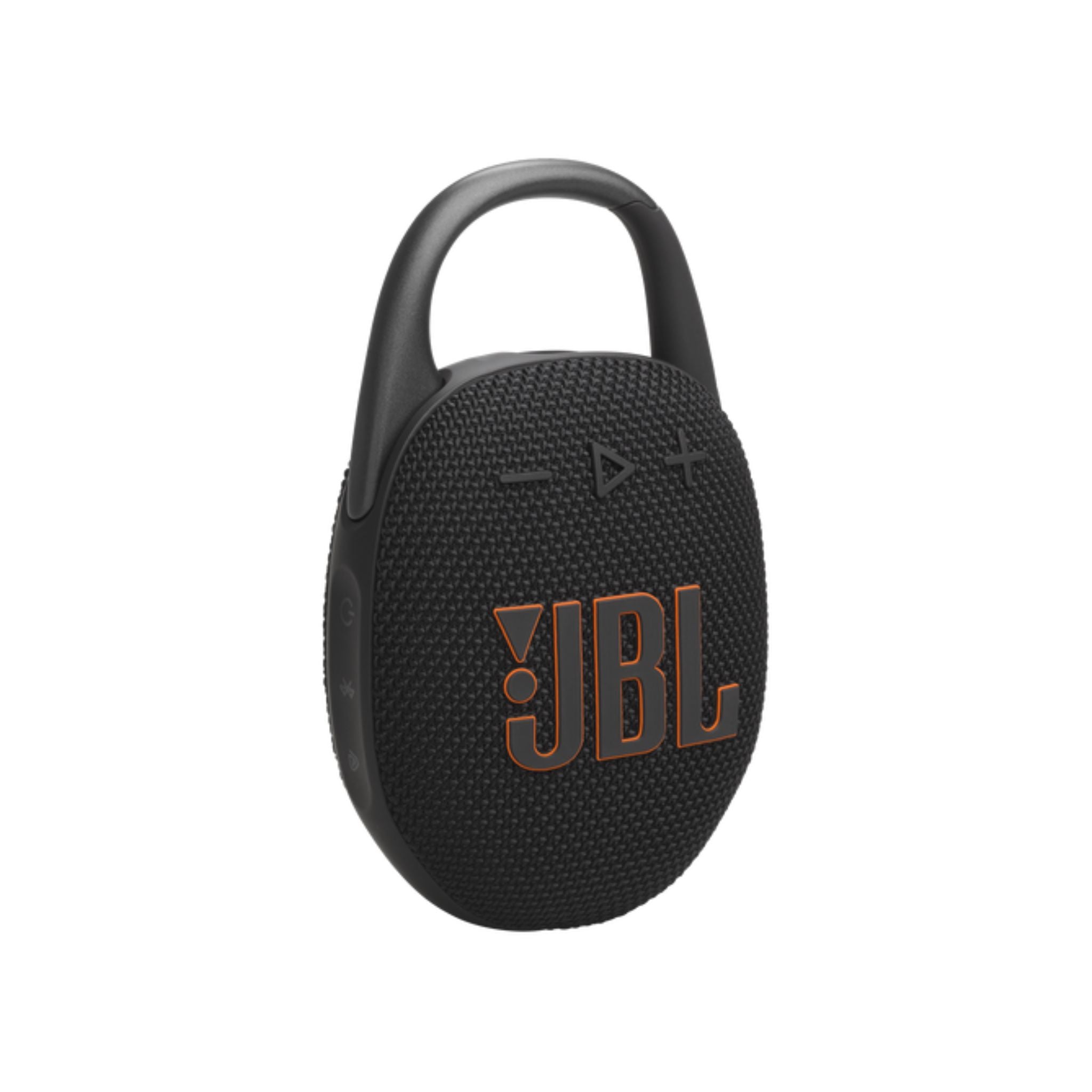 A black JBL Clip 5 portable wireless speaker with a carabiner-style attachment.