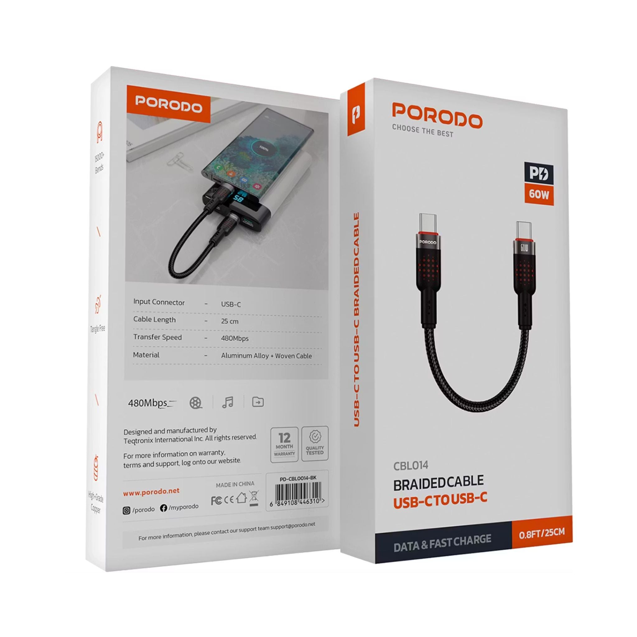 Porodo USB-C to USB-C Braided Cable with 60W Power Delivery, 480Mbps Transfer Speed, Braided & Tangle-Free Design, 15000+ Bends Lifespan, Fast Charge & Data Sync - Black