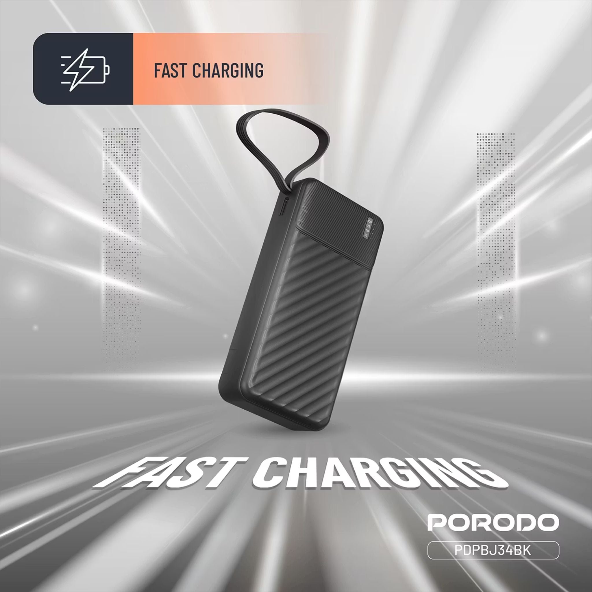Porodo Piano 20000mAh Power Bank with Flashlight, Portable Handle, Phone Stand, 4 Integrated Cables, USB-A & USB-C & Micro Ports, Fast Charge Support, Universal Compatibility - Black