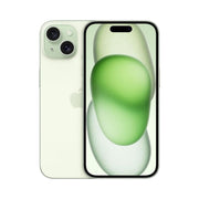 The image shows the back view of an iPhone 15 in a green color, with visible triple-camera system and Apple logo.