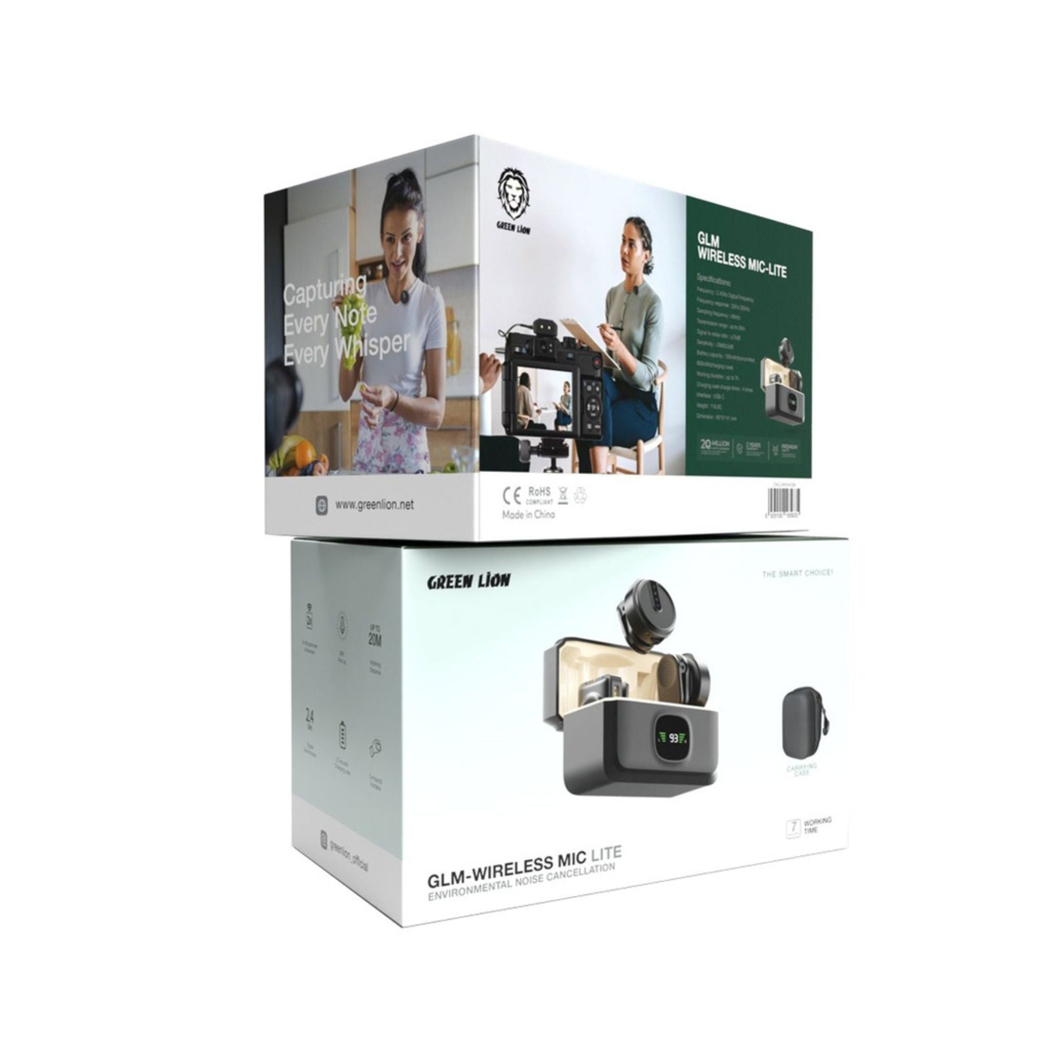 Green Lion GLM Wireless Microphone Lite, 2 mics, 1 receiver, ENC, 360° pickup, 7h use, 20m range, USB-C, 4x charging case, compact & portable, perfect for content creators and professionals – Black