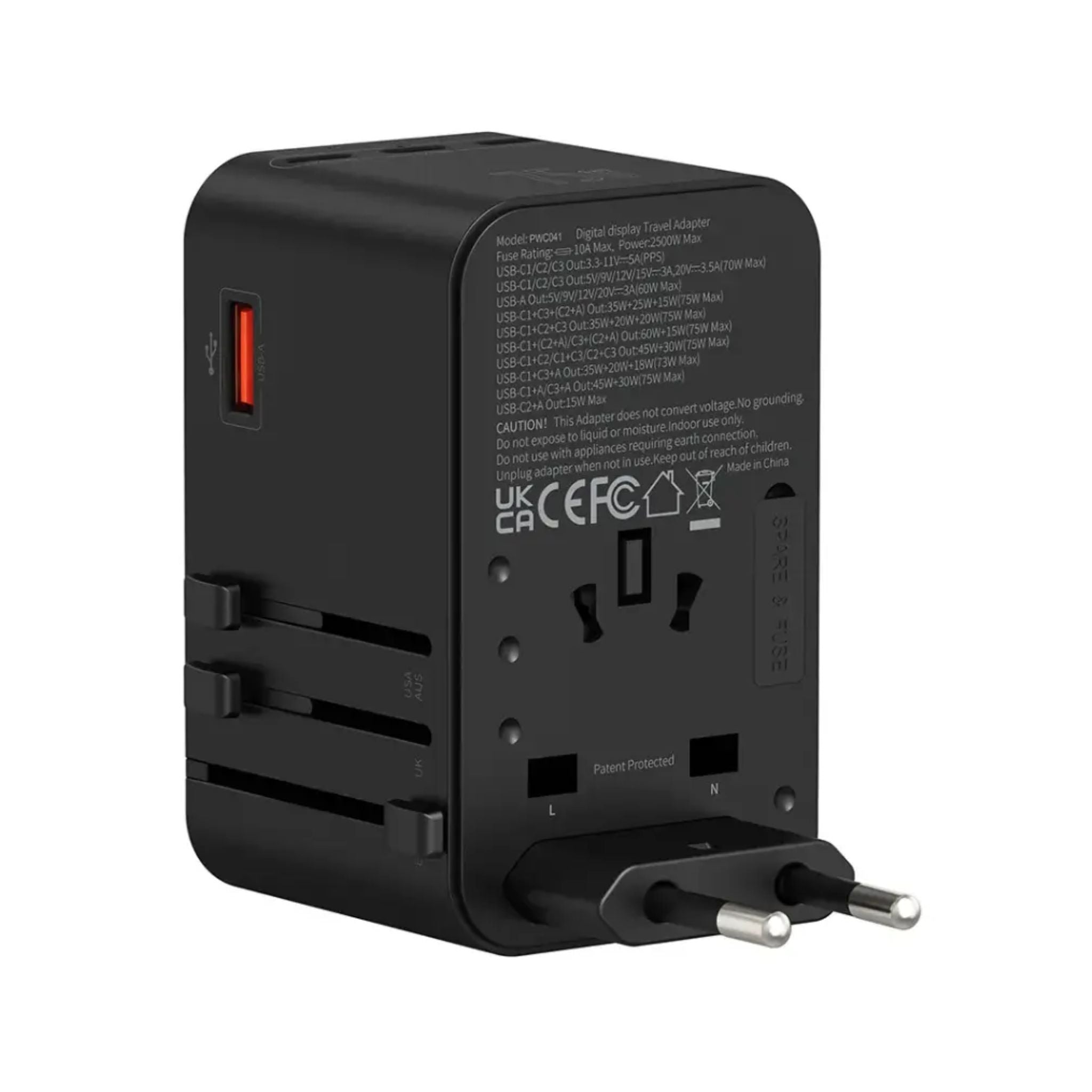 Powerology GaN 75W Universal Charger with Real-Time Power Display, 3× USB-C & 1× USB-A Ports, PD 70W Fast Charging, GaN Technology, 100–250V Input, Laptop & Multi-Device Fast Charger – Black