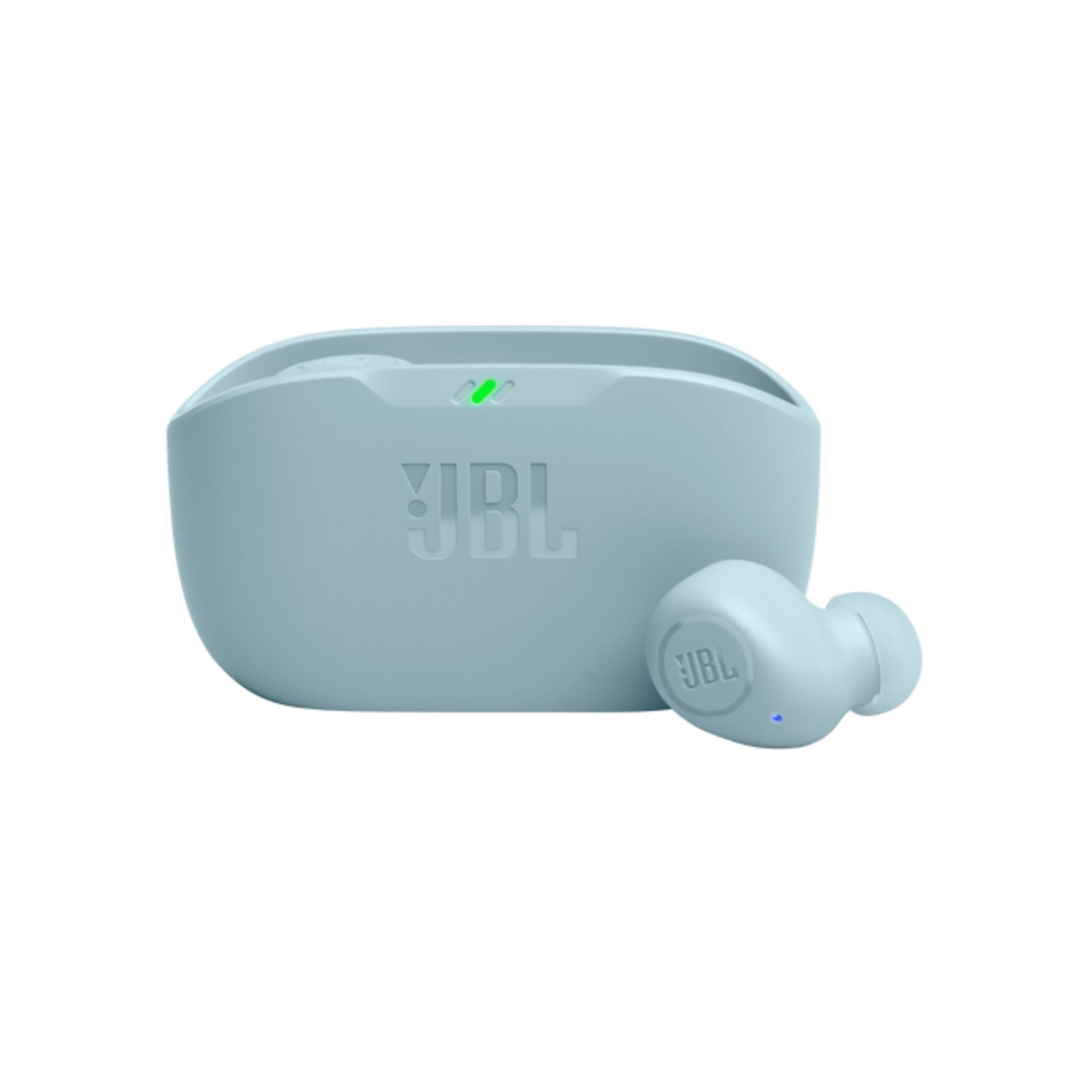 JBL Wave Buds True Wireless Earbuds in mint color with a charging case.