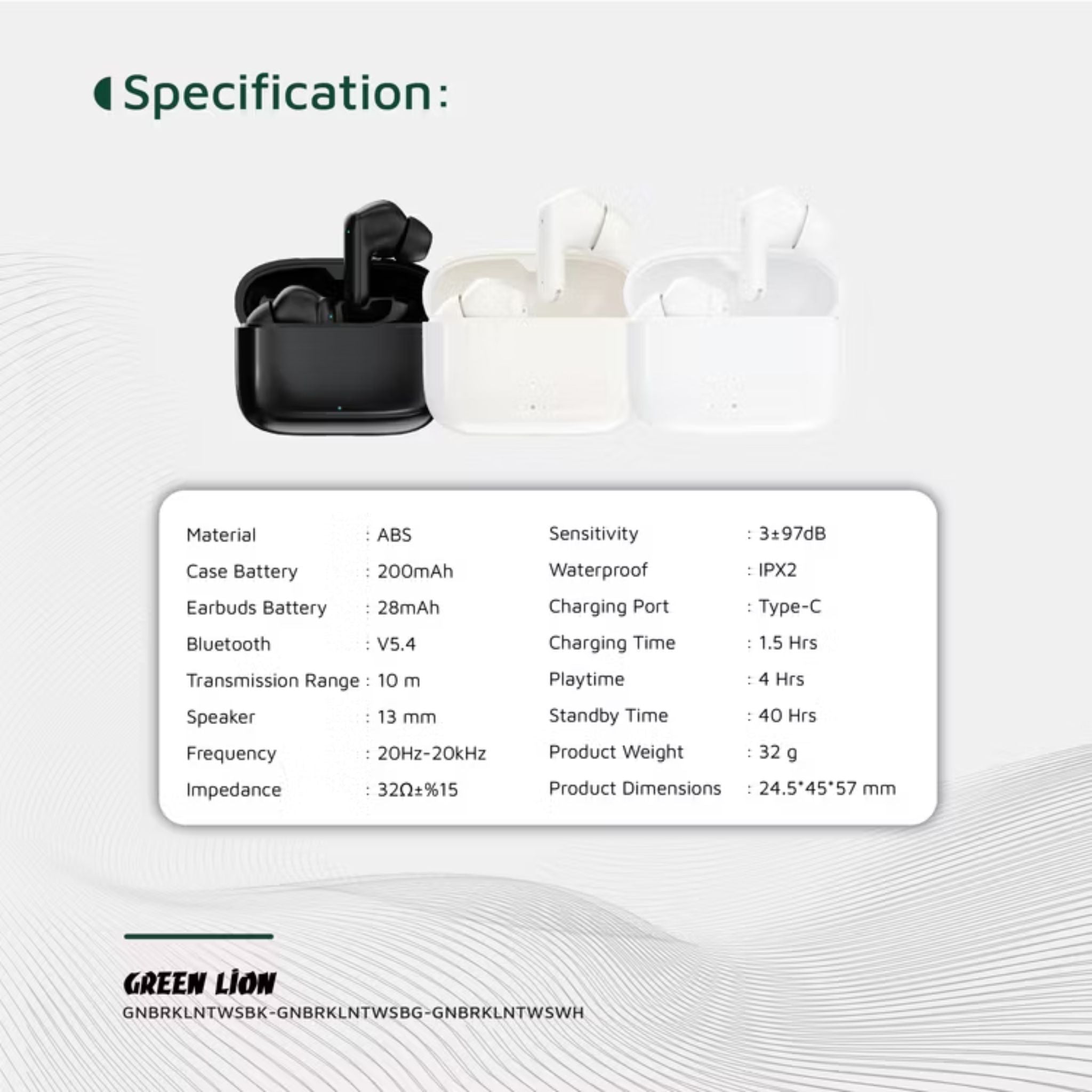 Green Lion Brooklyn True Wireless Earbuds with Voice Assistant, 4 Hours Playtime, Built-in Microphone, HiFi Sound, Touch Control, Dual-Mic - Black