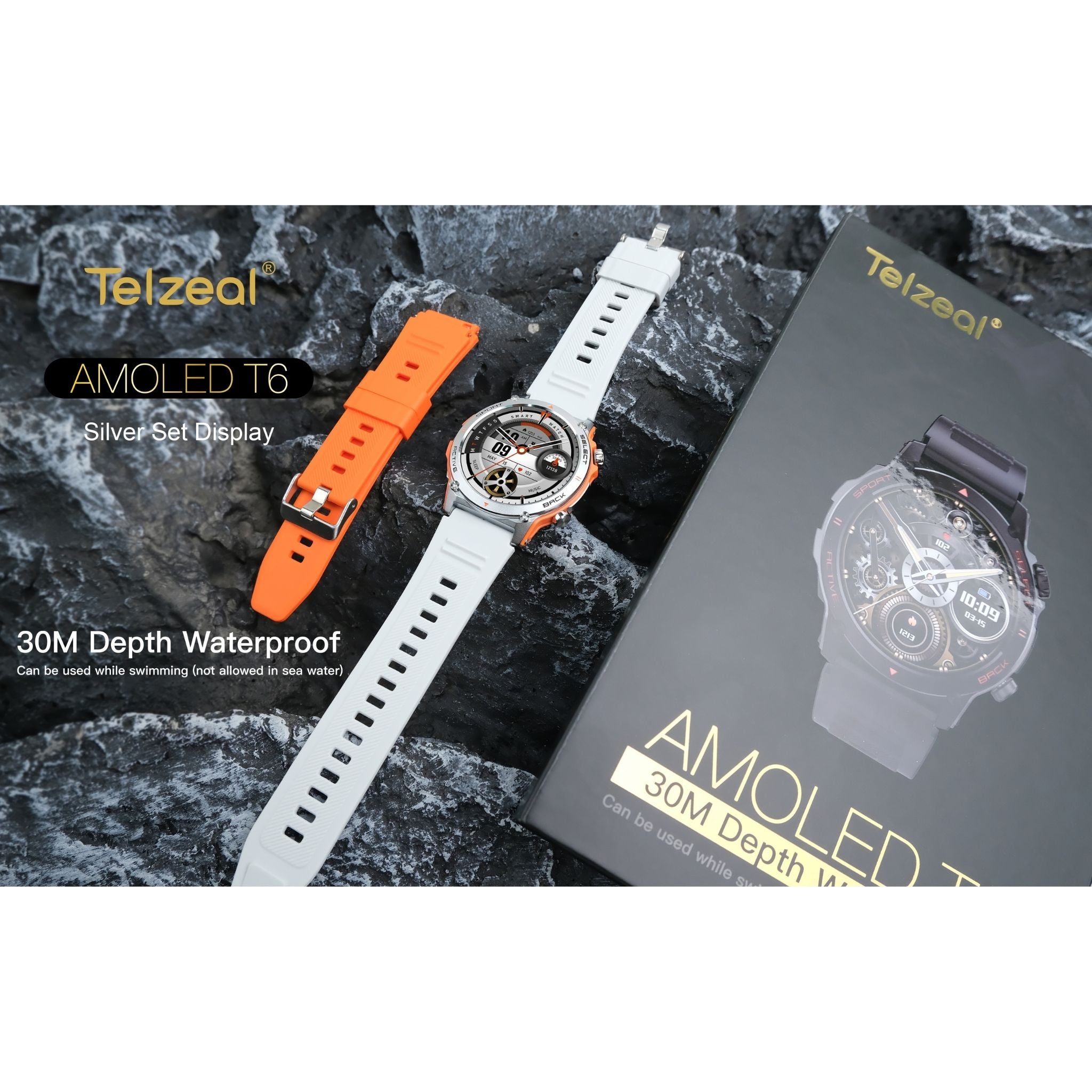 Telzeal AMOLED T6 Smartwatch with AMOLED Display – 30M Waterproof, 2 Interchangeable Straps, Magnetic Charger, Fitness & Health Tracking, Sleep Monitoring, Bluetooth Notifications, Sleek Silver Design for Men, Sports, Work, Daily Use