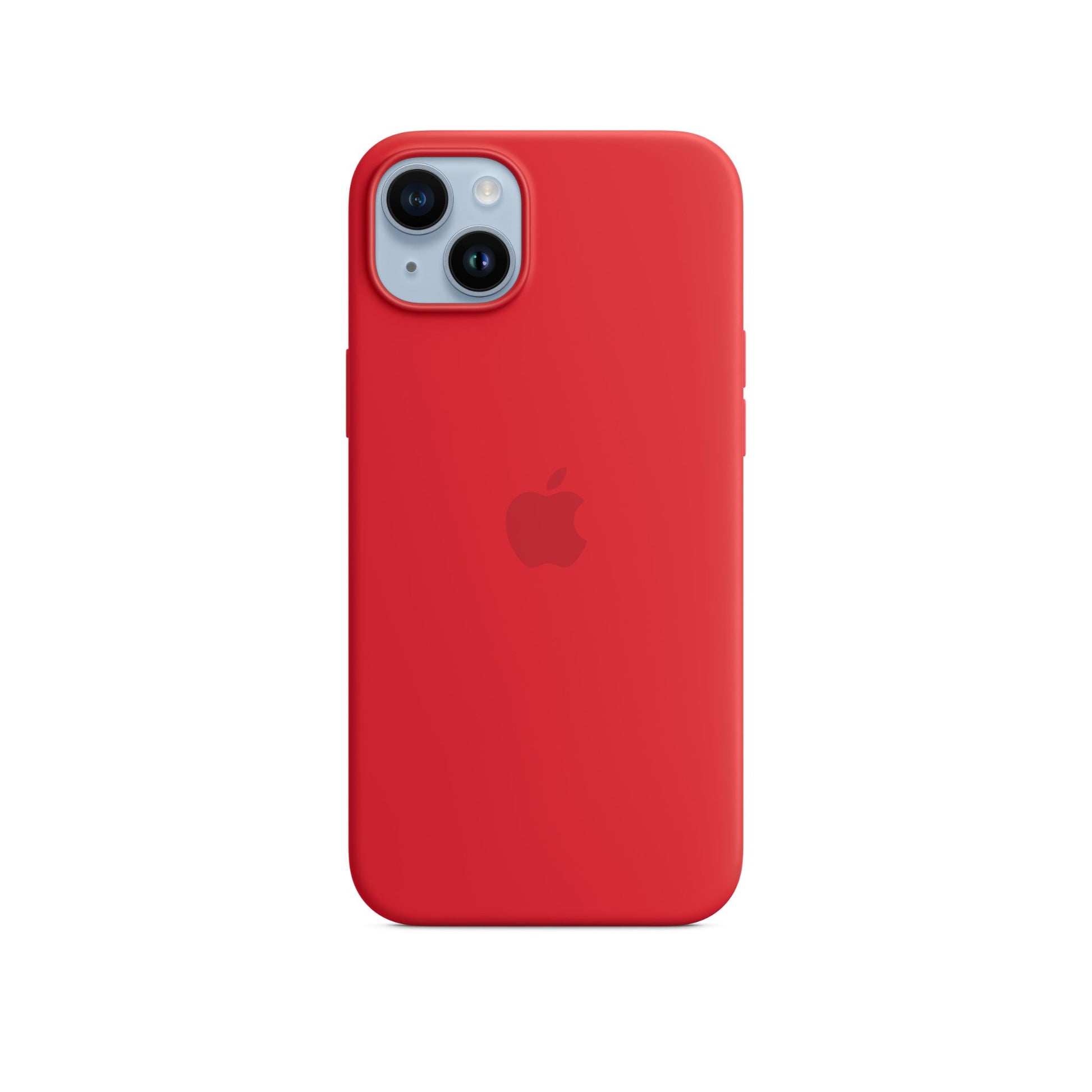A red silicone case for the Apple iPhone 14 Plus with MagSafe technology, featuring a smooth finish and a visible Apple logo.