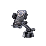 A black car phone holder with a 360-degree rotating base and a telescopic clamp arm, designed for dashboard or windshield placement.