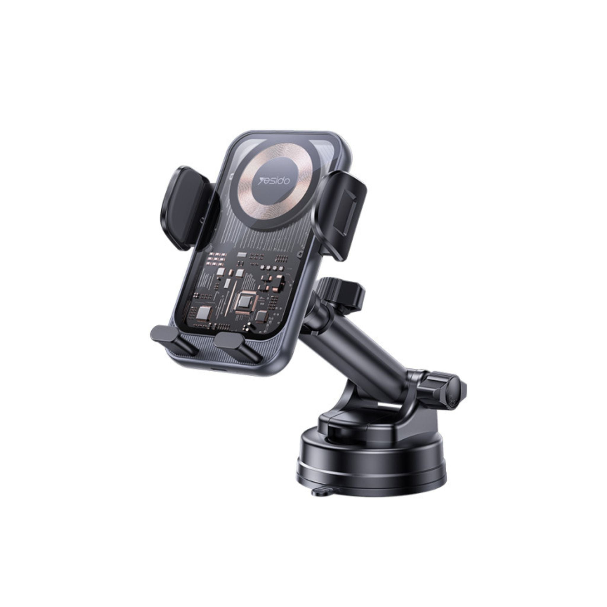 A black car phone holder with a 360-degree rotating base and a telescopic clamp arm, designed for dashboard or windshield placement.