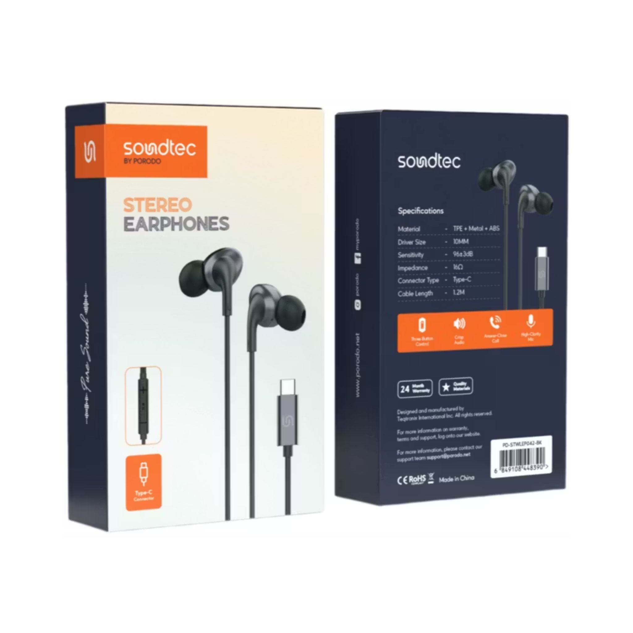 Porodo Soundtec Stereo Earphones, TPE + Metal + ABS Material, Type-C Connection, 1.2m Cable Length, High-Clarity Mic, Crisp Audio - Black
