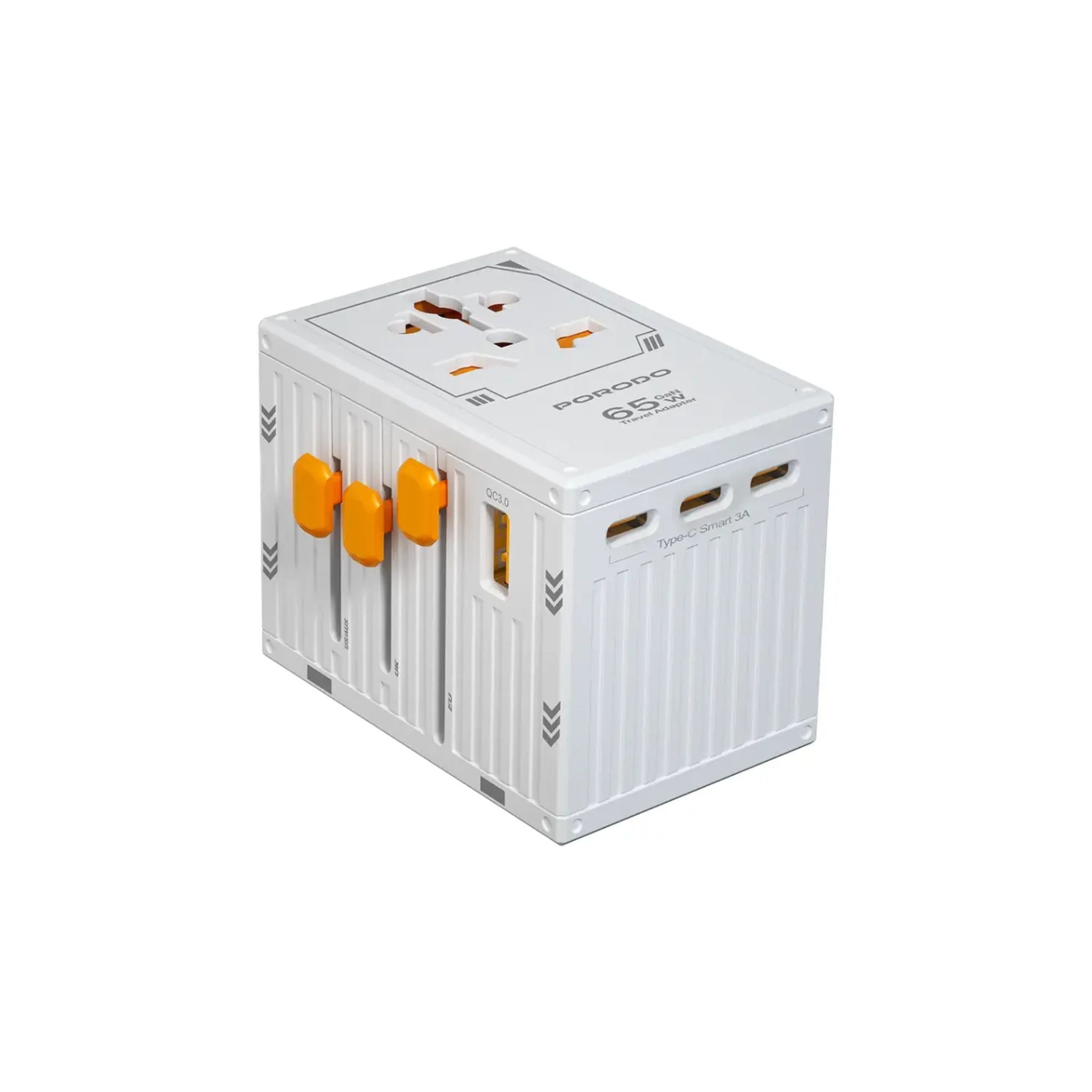 A white Porodo GaN technology universal travel charger with multiple ports and international plug adaptors.