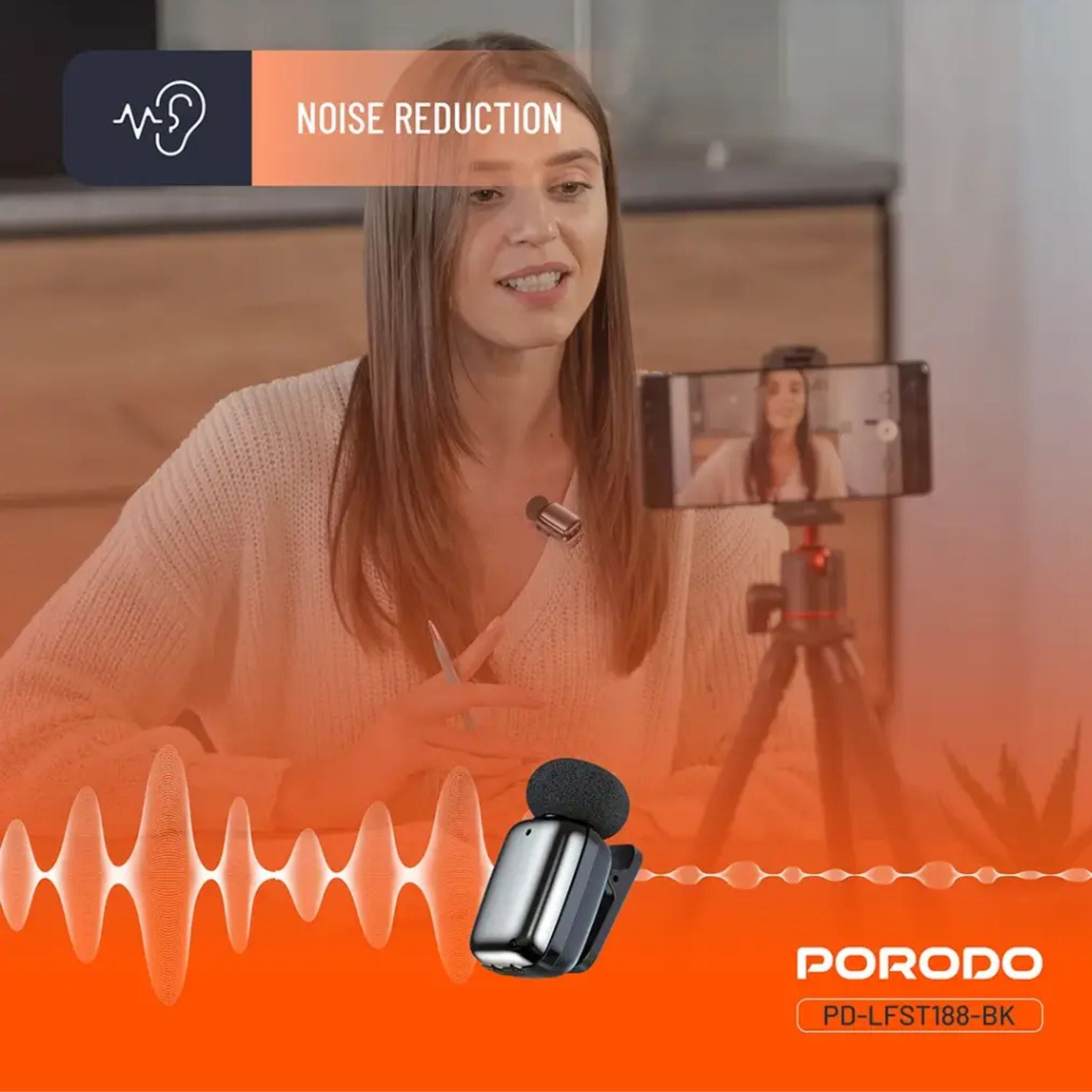 Porodo Wireless Lavalier Microphones Type-C, 2.4GHz, Noise Reduction, <22ms Low Latency, 33H Total Playtime, Plug & Play, Clear Audio Recording System-Black