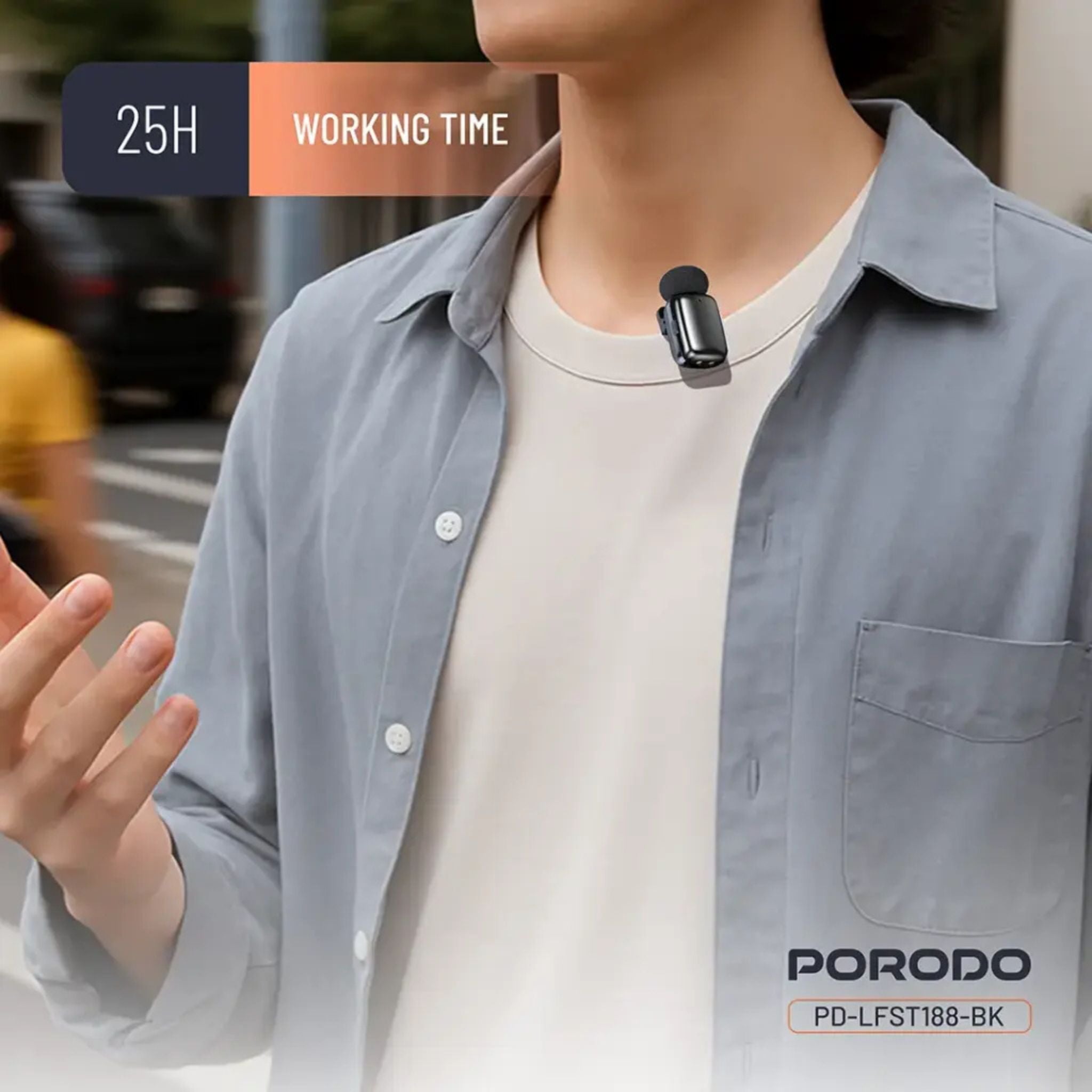 Porodo Wireless Lavalier Microphones Type-C, 2.4GHz, Noise Reduction, <22ms Low Latency, 33H Total Playtime, Plug & Play, Clear Audio Recording System-Black