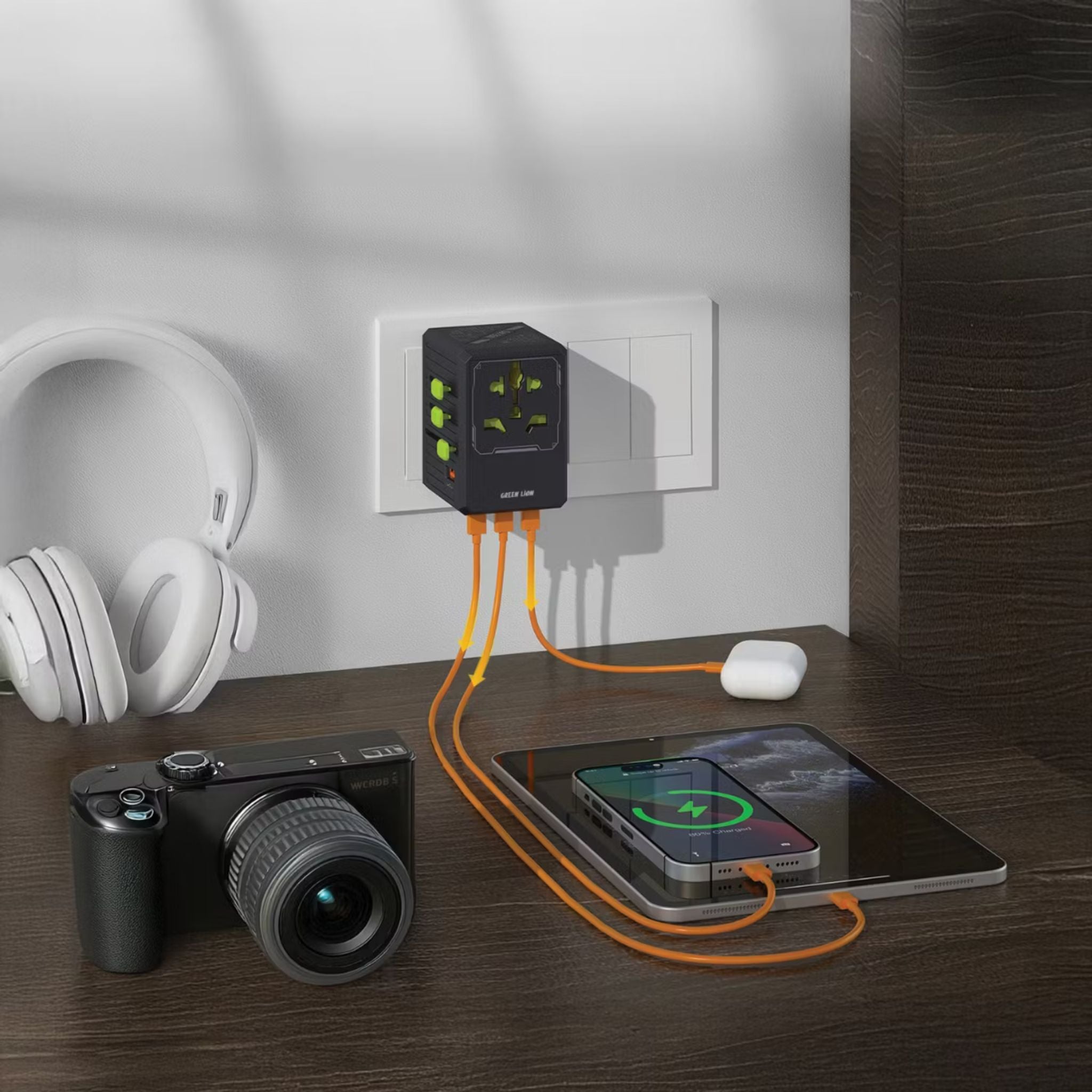 Green Lion GaN Adapter 6-in-1 & 2-in-2 Cable, PC Flame Retardant & Copper Material, PD 35W Fast Charging, Universal AC Sockets - Black