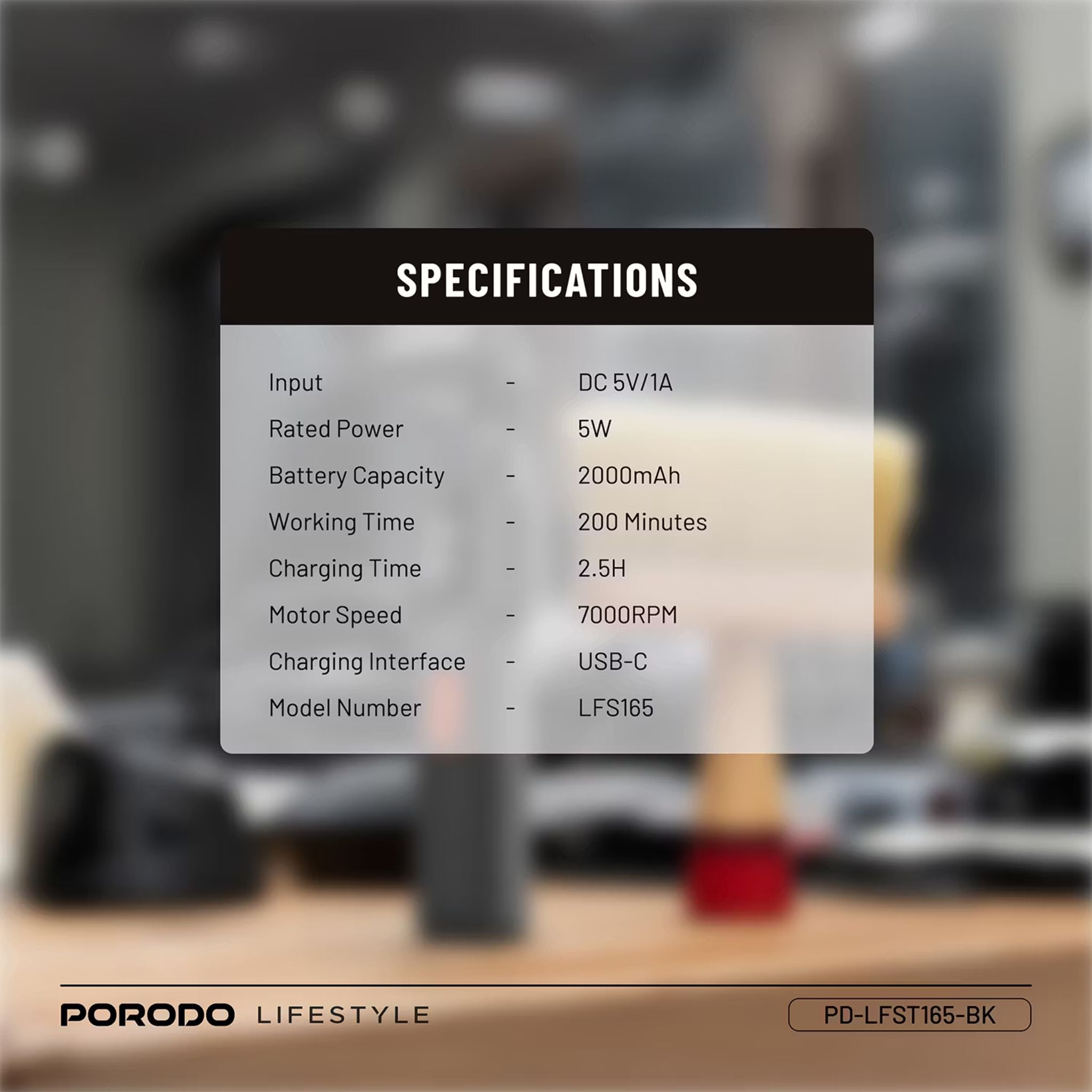 Porodo Multi-Purpose Trio Grooming Kit with Hair Clipper & Beard Shaver, 5W Rated Power, 200 Minutes Working Time, 4 Combs, 2000mAh Battery Capacity, LED Digital Display, 7000RPM Motor Speed, USB-C Charging - Black