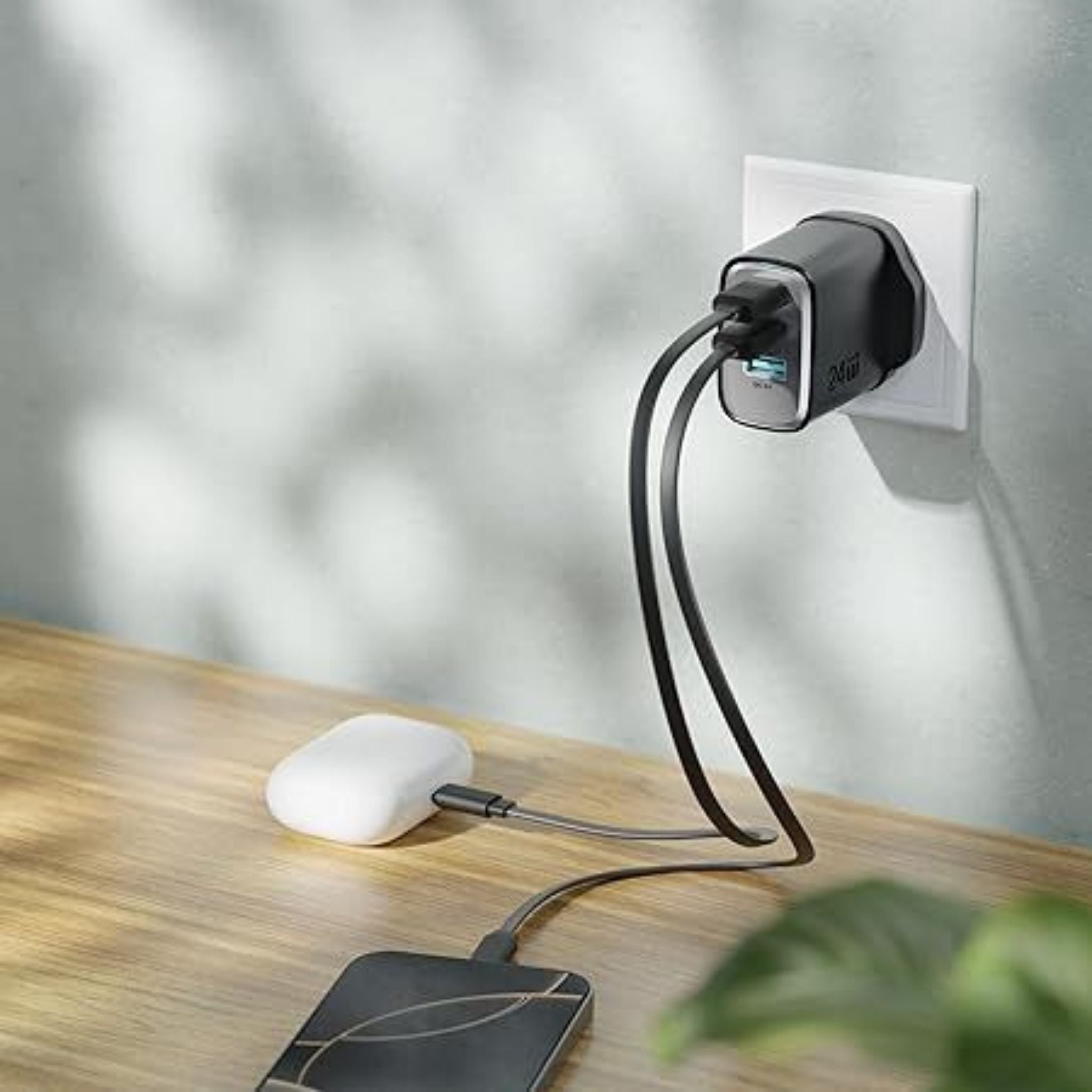 Green Lion Supra 24W GaN UK Wall Charger / 3 USB-A Ports / 24W Fast Charging / Compact GaN Technology / Multi-Device Charging - Black & Grey