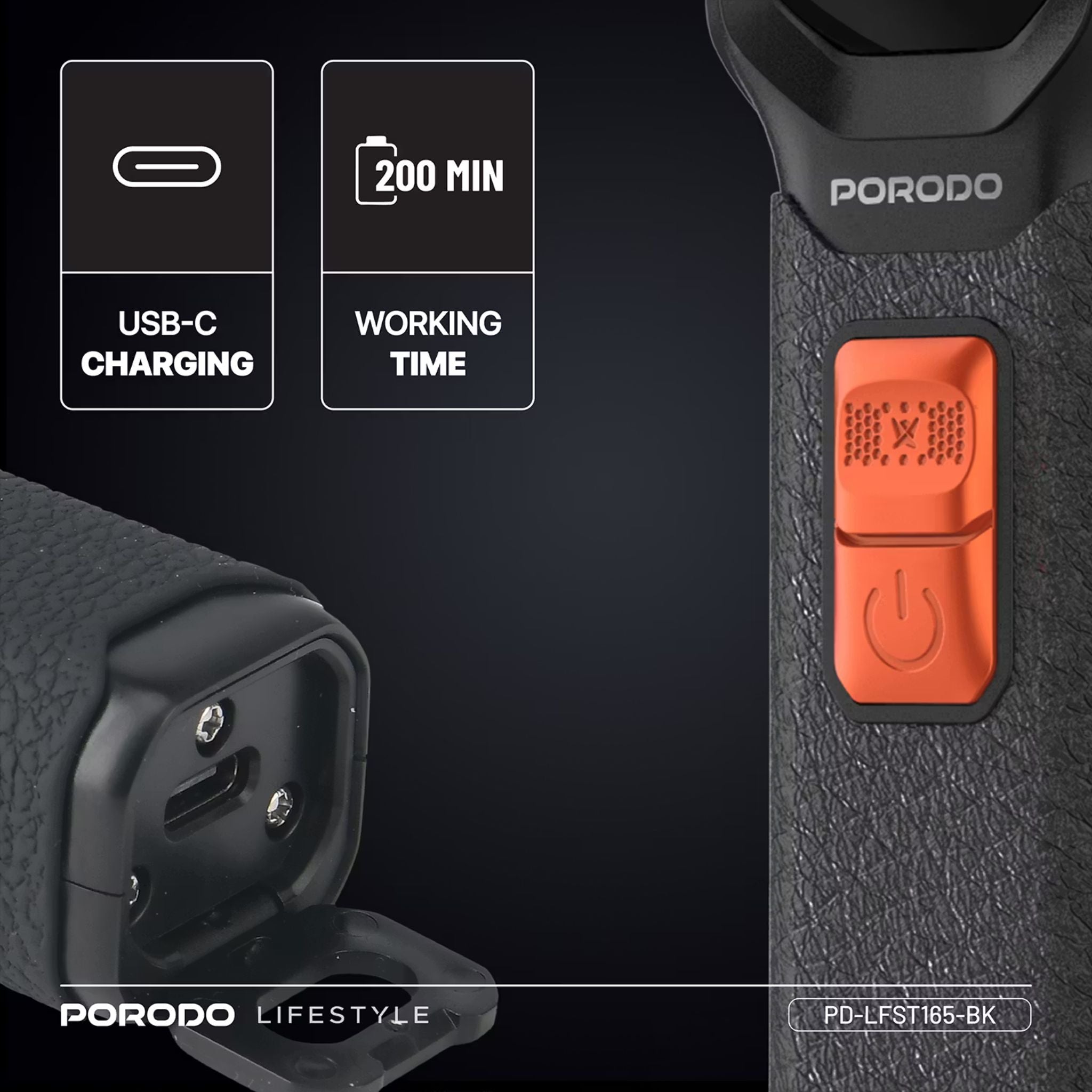 Porodo Multi-Purpose Trio Grooming Kit with Hair Clipper & Beard Shaver, 5W Rated Power, 200 Minutes Working Time, 4 Combs, 2000mAh Battery Capacity, LED Digital Display, 7000RPM Motor Speed, USB-C Charging - Black