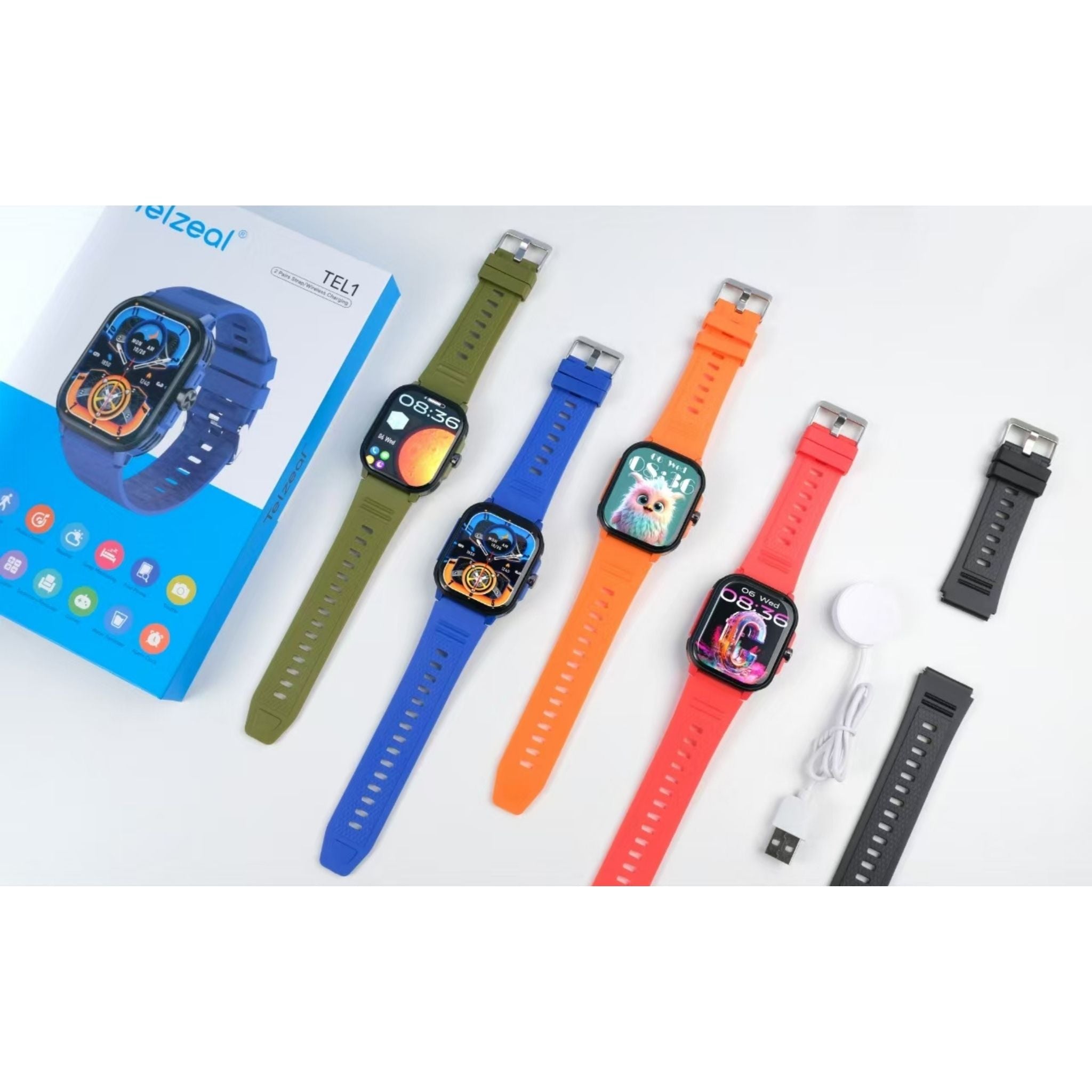 Telzeal T1 1.5 Inch AMOLED Display Smart Watch With IP67 Waterproof and 4 Pair Strap -Red