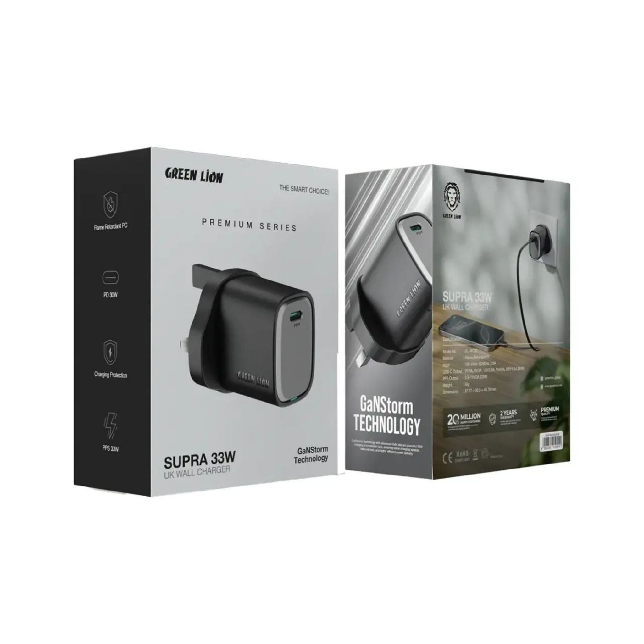 Green Lion Supra 33W UK Wall Charger - Black/Grey