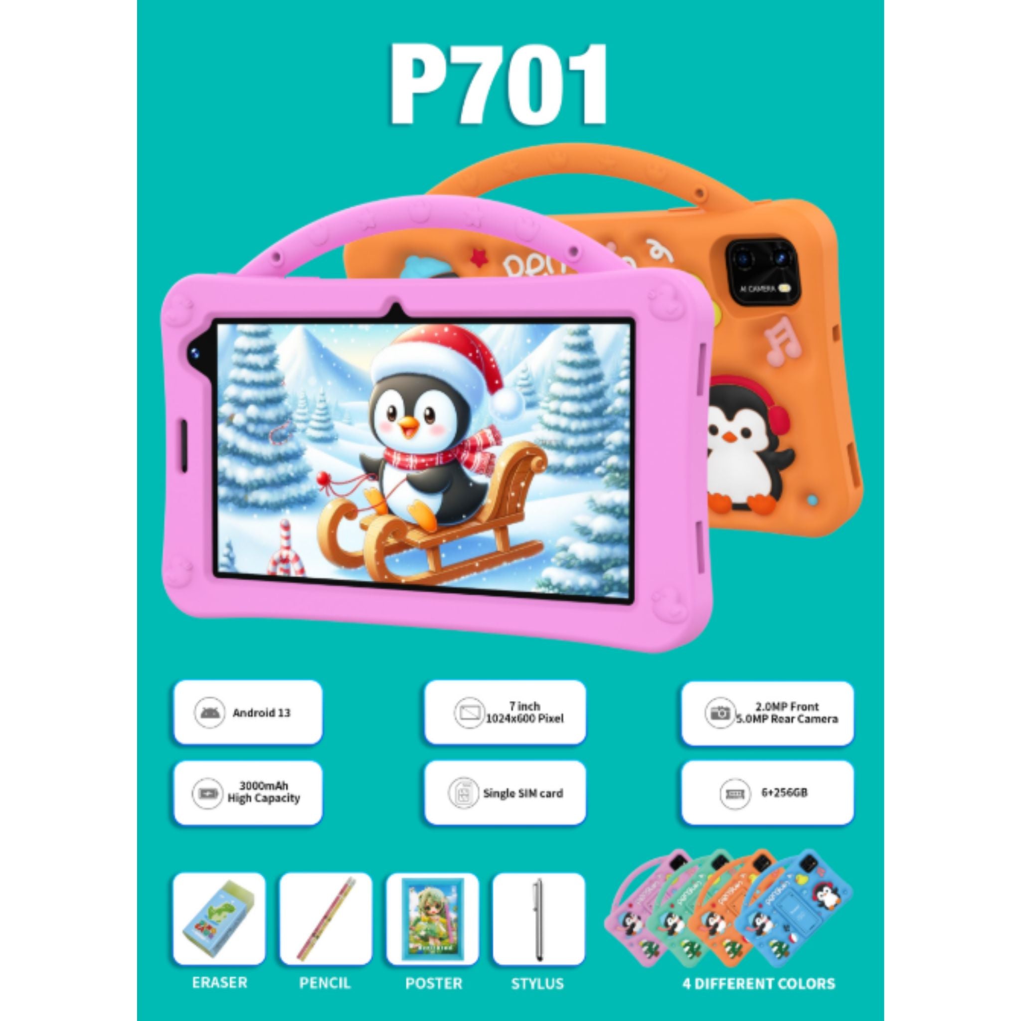 Children's tablet with pink case and penguin on screen, on a teal background with product details.