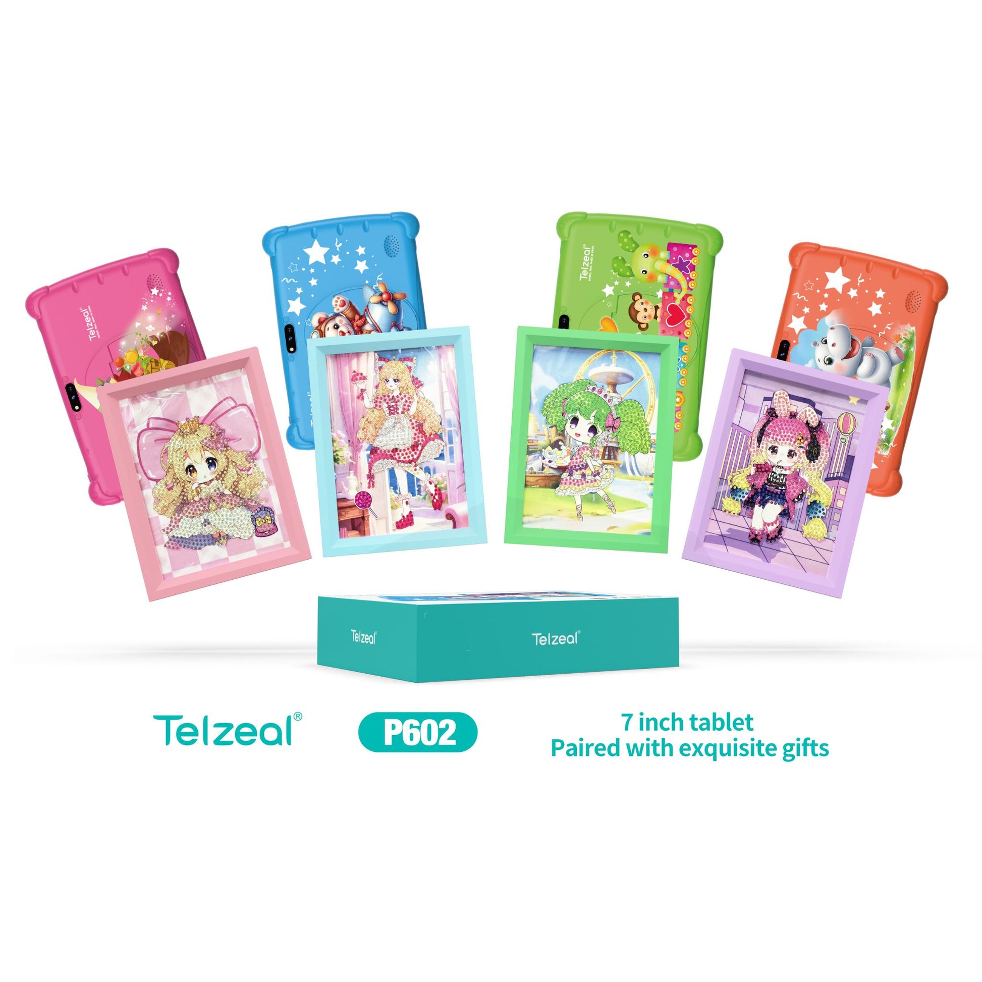 Colorful packaging of a 7-inch tablet with Telzeal branding on a white background