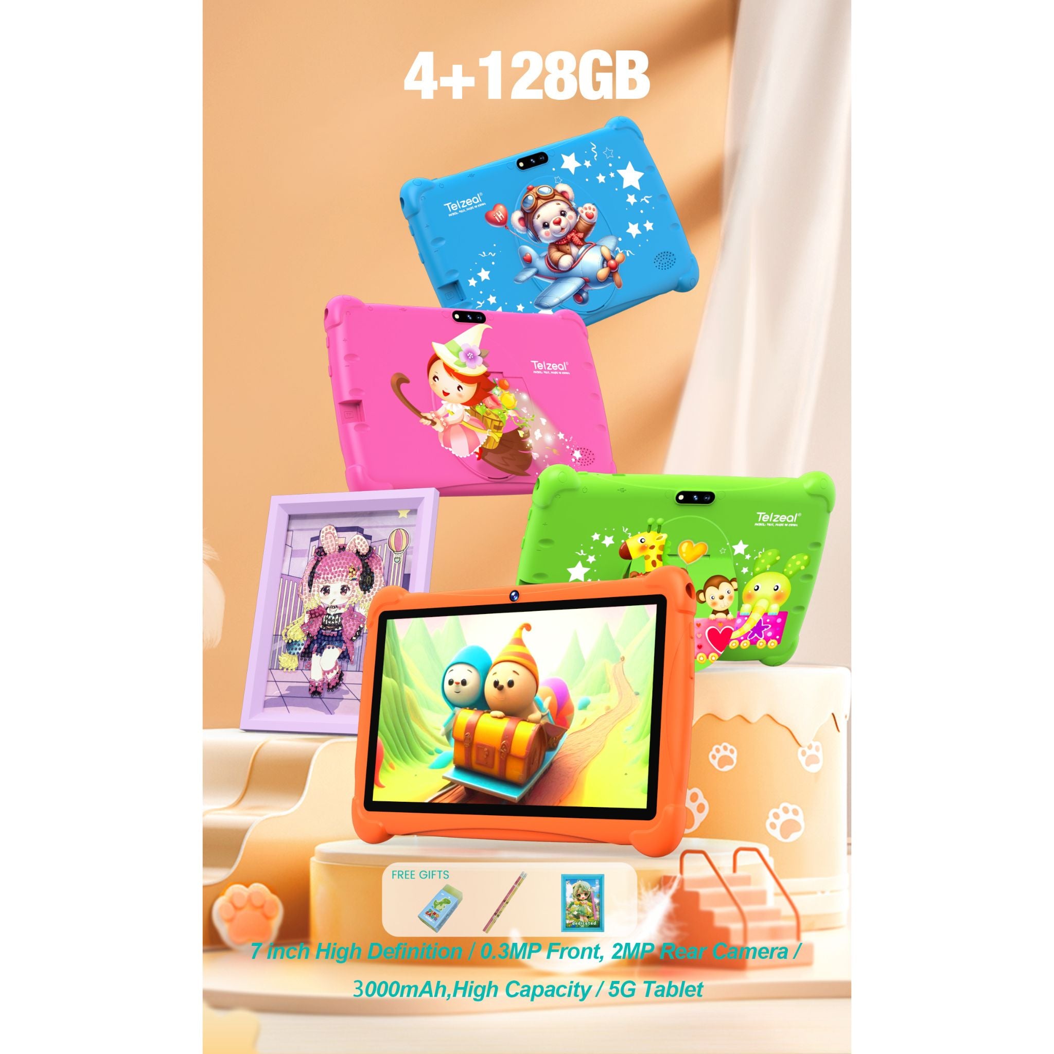Telzeal P602 Kids Android Tablet – 7" HD Display, 4GB RAM, 128GB Storage, Wi-Fi, Dual Cameras, 3000mAh Battery, with Stylus, Screen Protector & Case – Green