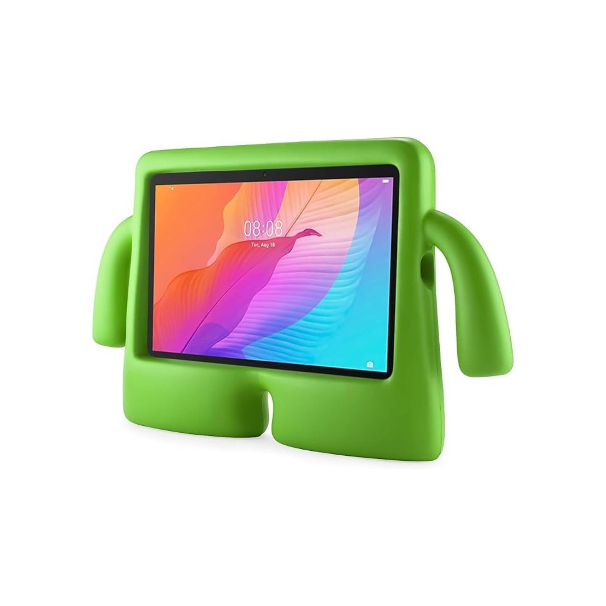 Green tablet stand with a colorful screen on a white background