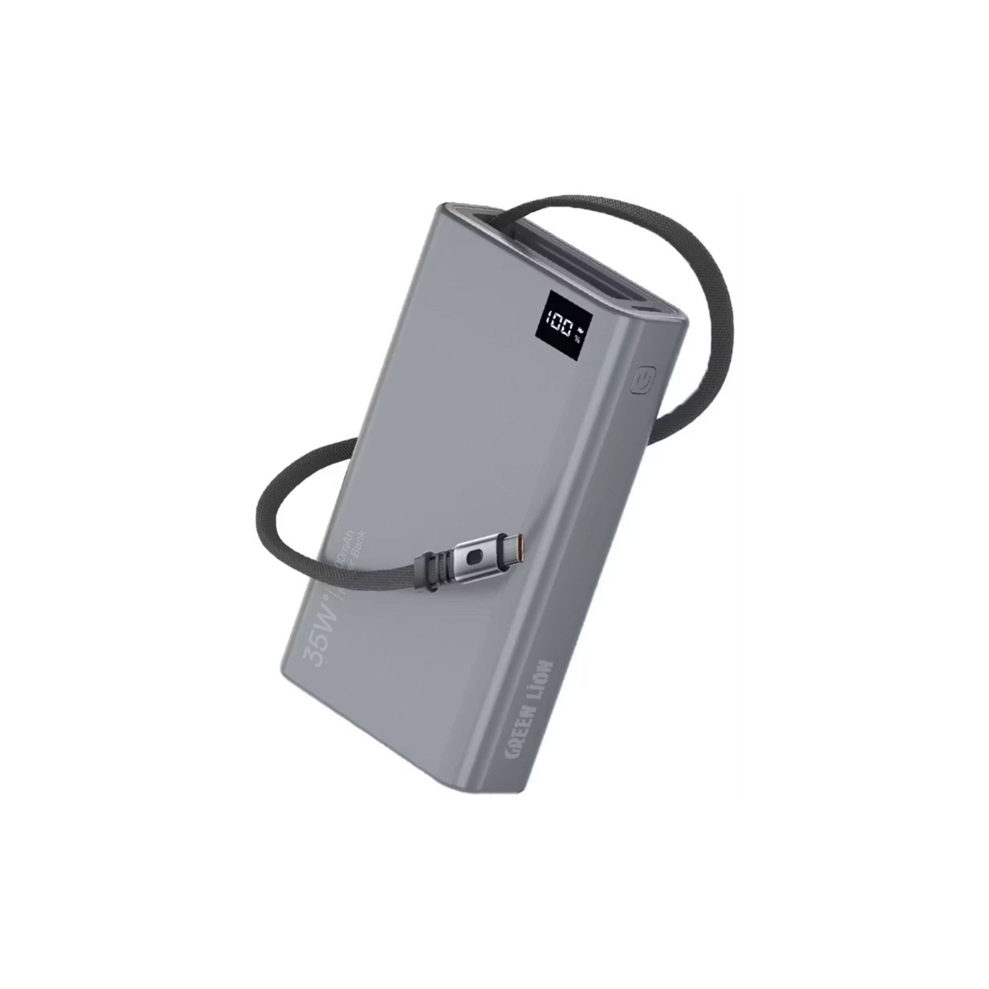 Gray power bank with cable on a white background