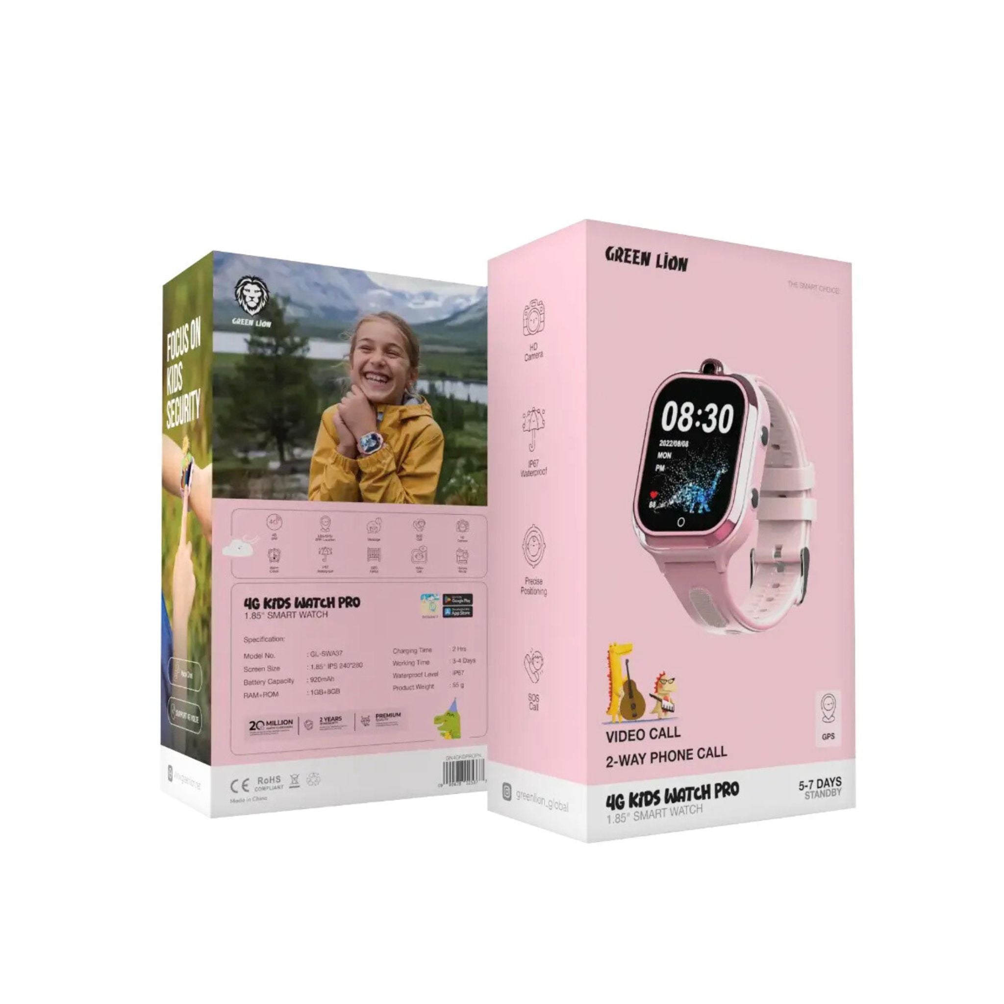 Green Lion Kids 1.85" Smart Watch with GPS Tracking, 3-4 Days Working Time, SOS Call, Video Call, & Voice Chat, HD Camera, 1GB RAM, 2-Way Phone Call - Pink